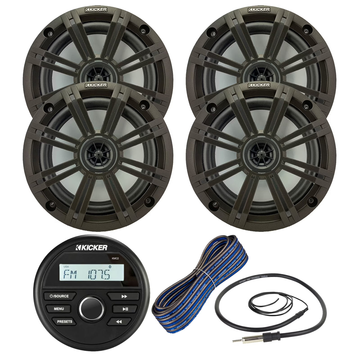 Kicker 46KMC2 Receiver + 2 Pairs 6.5" 2Way 195W Speakers w/ White Grilles, 50-ft Wire, 22" Antenna