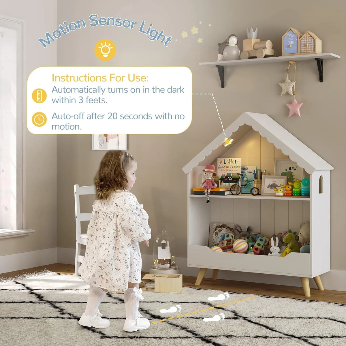 Curipeer 2-Tier Kids Bookshelf, Toy Storage Organizer with Motion-Activated Light, White