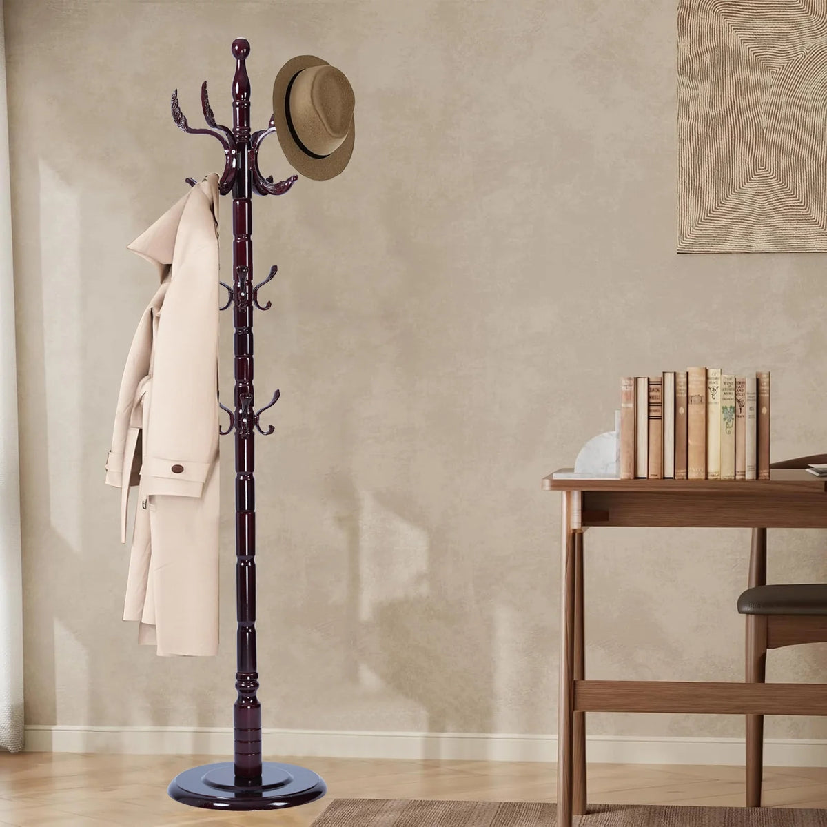 Coat Rack Freestanding, Hall Tree with 11 Hooks, Heavy Duty Wooden Coat Tree Stand, Adjustable Height, Sturdy Base for Bedroom Hallway Office - Load 270lbs