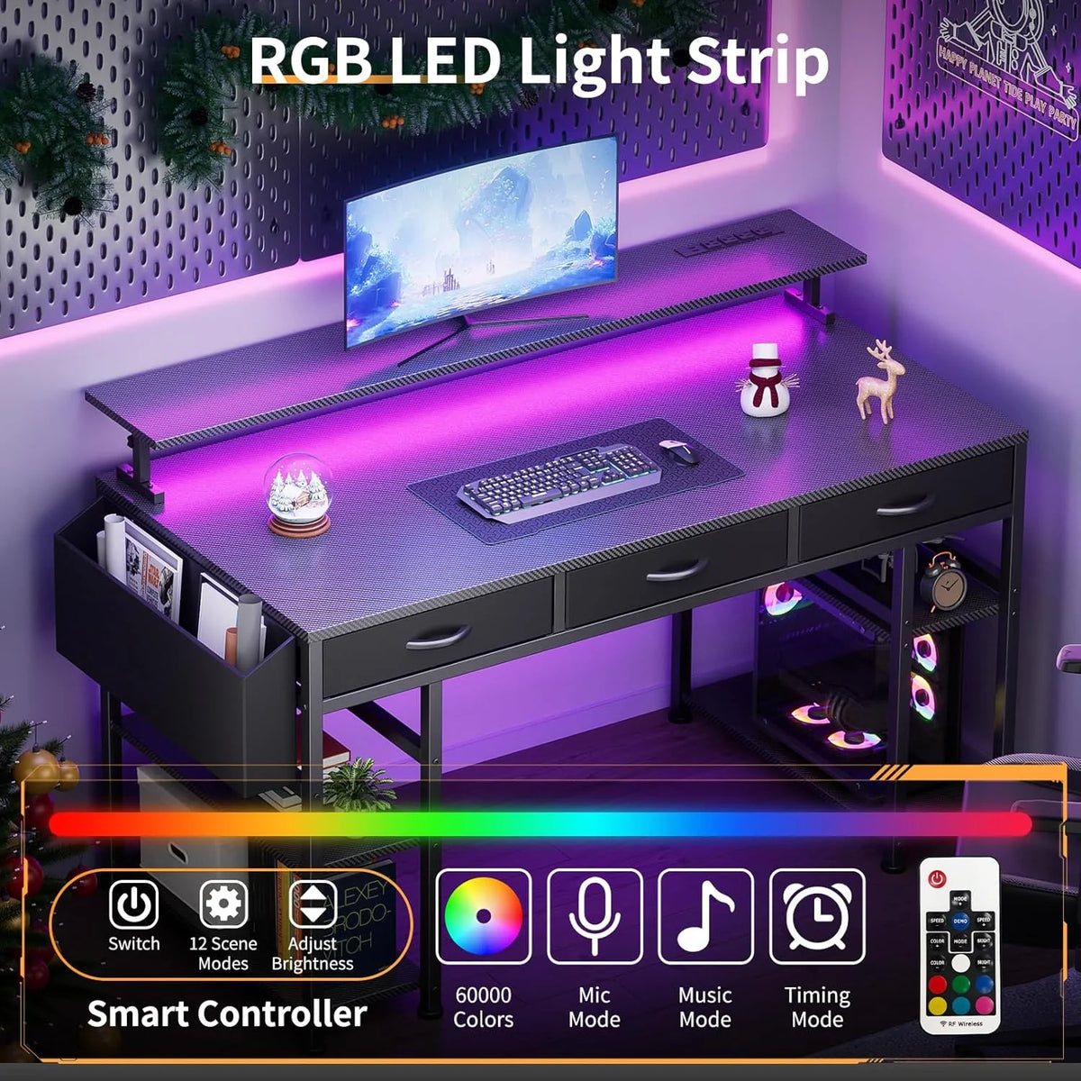 Upgo 55" Gaming Desk with Adjustable Storage Rack & LED Lights, Power Outlets for Adult and Teen