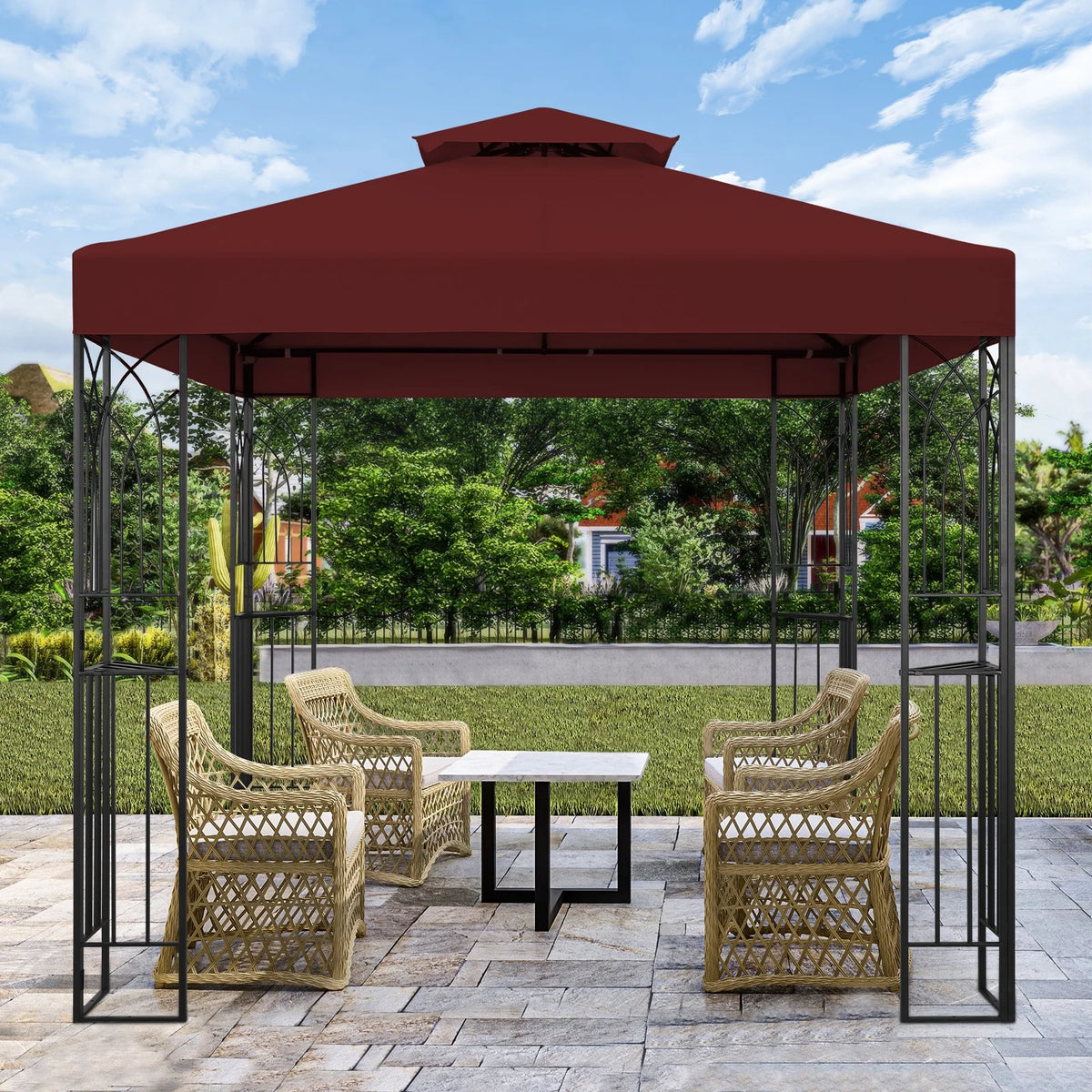 COOS BAY 8x8 Outdoor Patio Gazebo with Corner Shelves, Two-Tier Soft Top Canopy for Backyard, Lawn, Deck and Garden, Gray