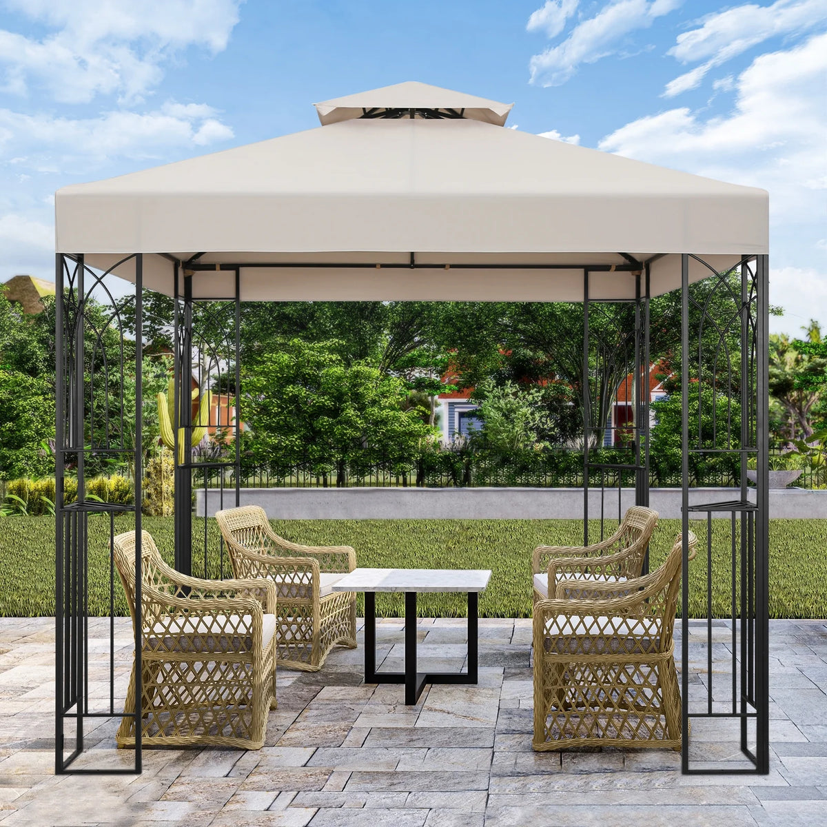 COOS BAY 8x8 Outdoor Patio Gazebo with Corner Shelves, Two-Tier Soft Top Canopy for Backyard, Lawn, Deck and Garden, Gray