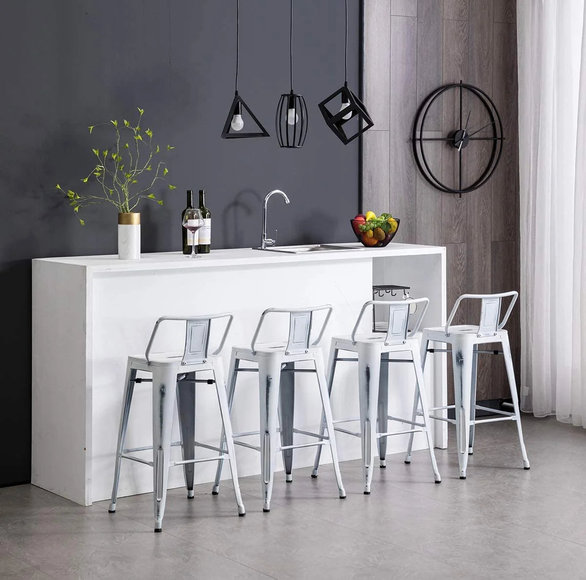 Andeworld 30" Low Back Distressed White Bar Stools Metal Barstools Counter Height Stools [Set of 4]