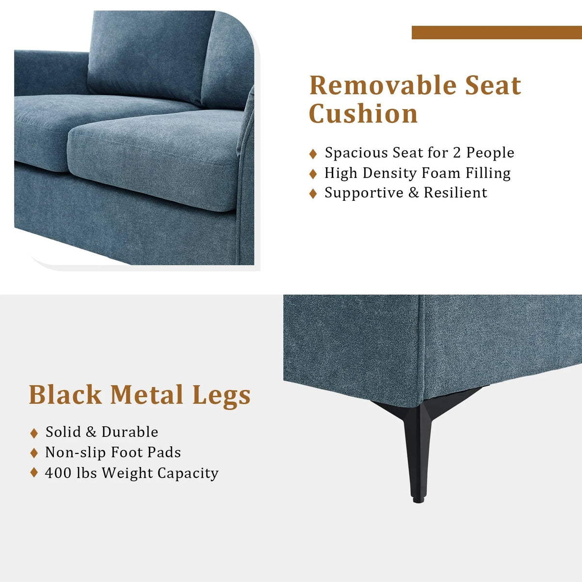 Fairyland Modern Sofa for Living Room, Small Loveseat for Small Space, Easy to Install, Blue