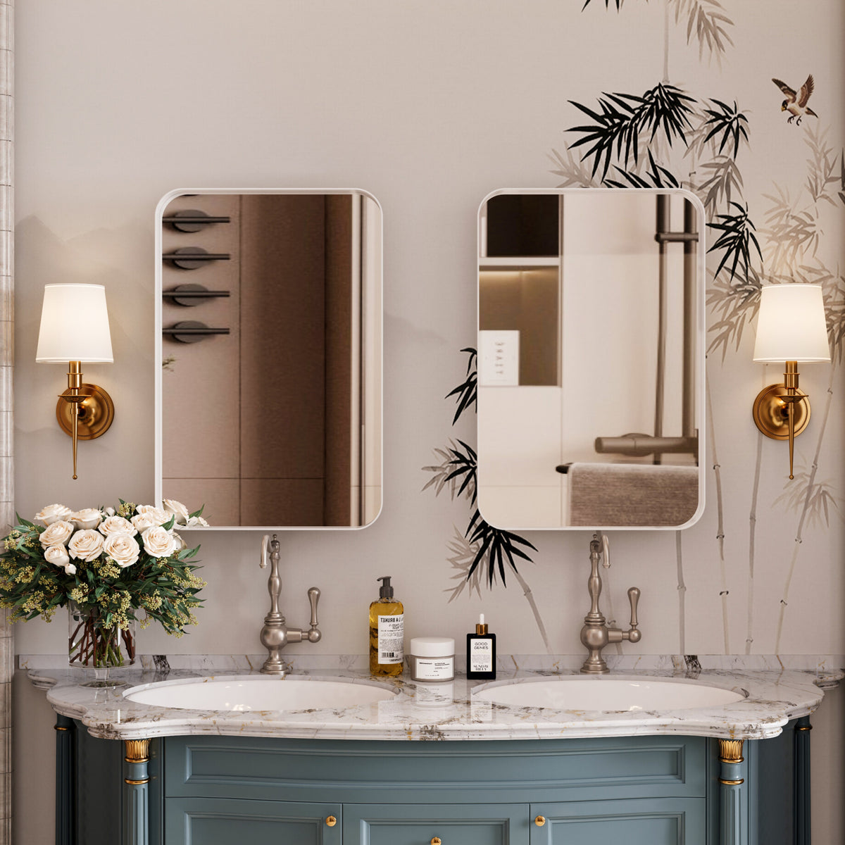 16x24 Inch Bathroom Mirror Cabinet with Adjustable Glass Shelves, Recessed Metal Framed Medicine Cabinet for Storage, Matte Gold