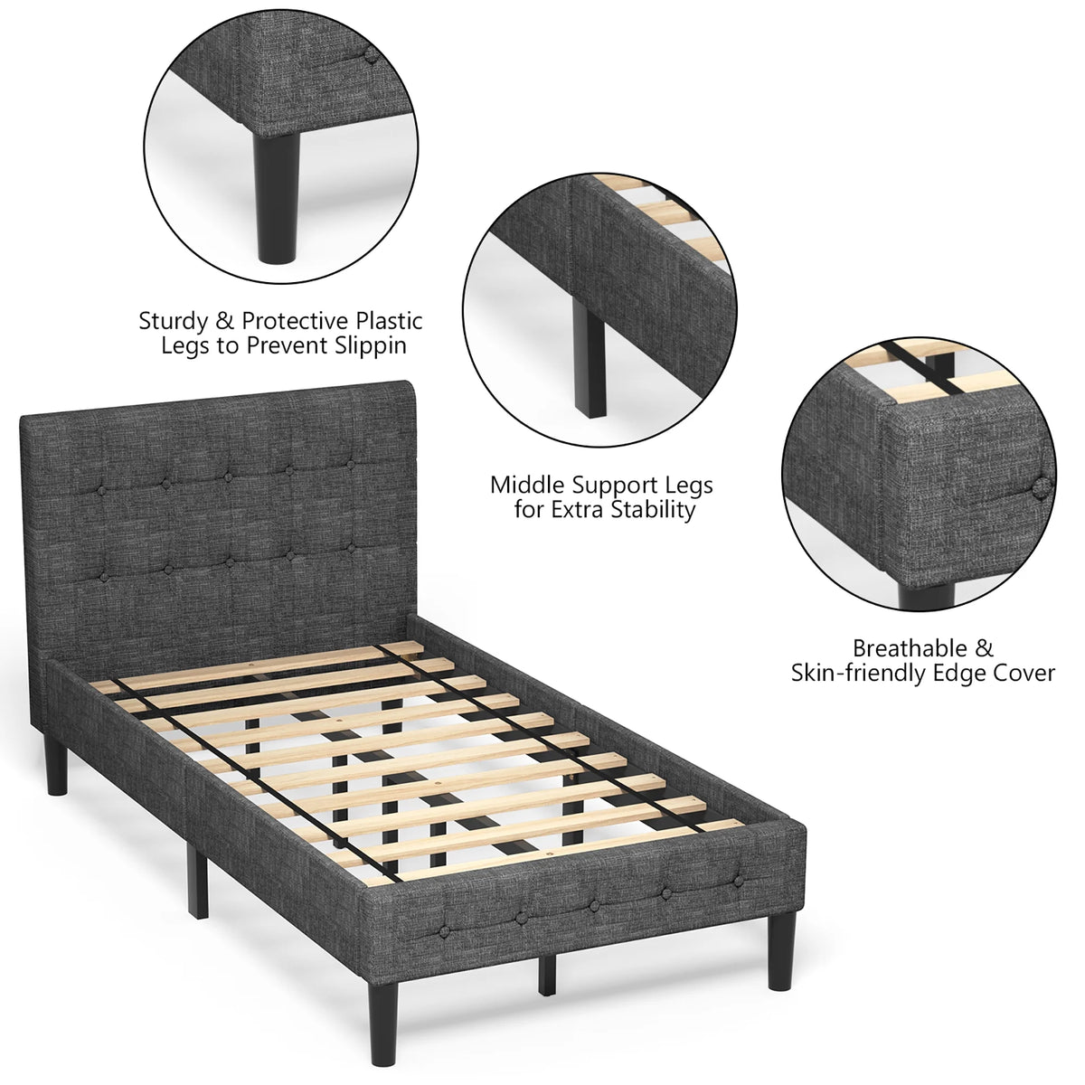 Costway Twin Upholstered Bed Frame Button Tufted Headboard Mattress Foundation Beige