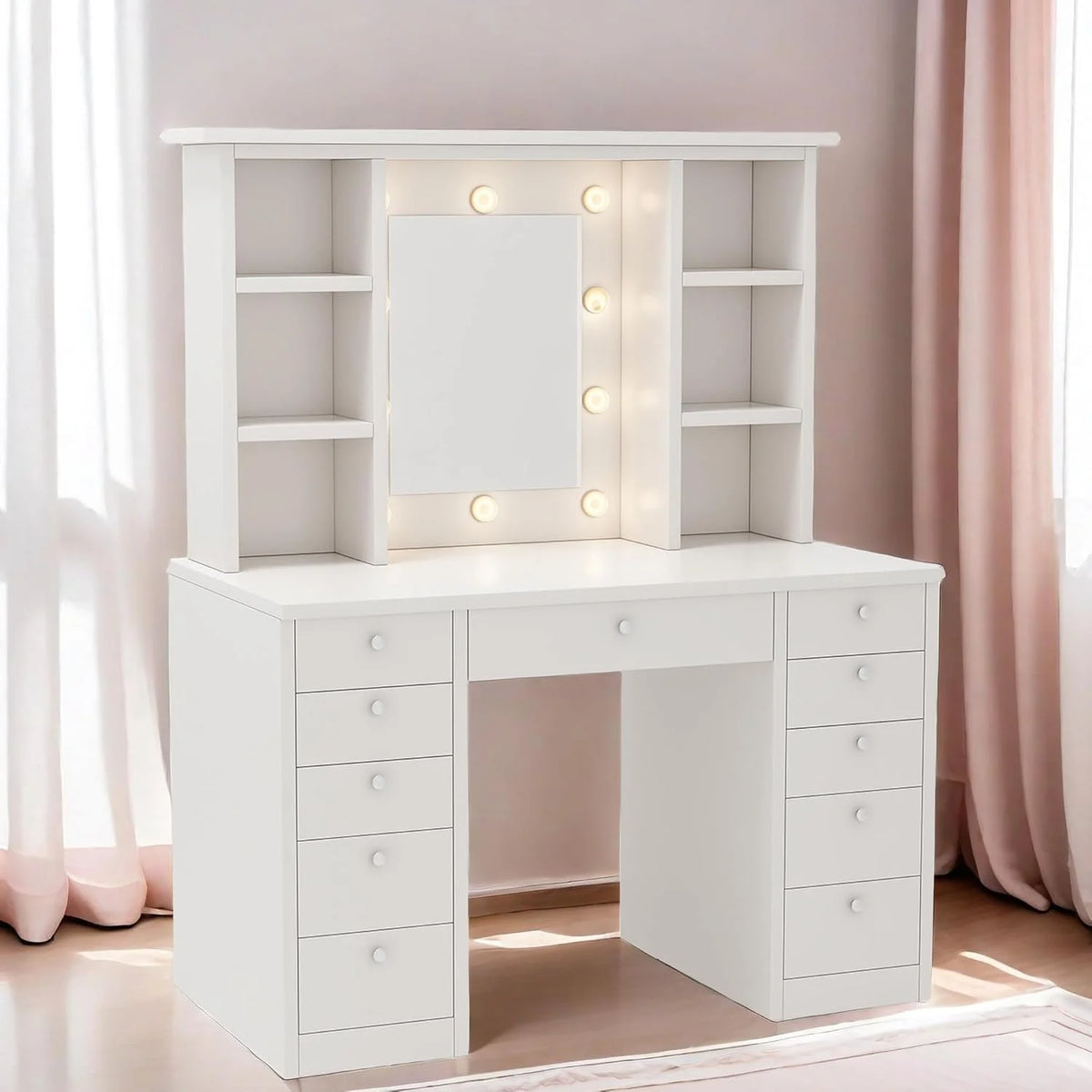 Makeup Vanity Desk with LED Mirror, 11 Drawers & Shelves, 3 Color Modes & Adjustable Brightness