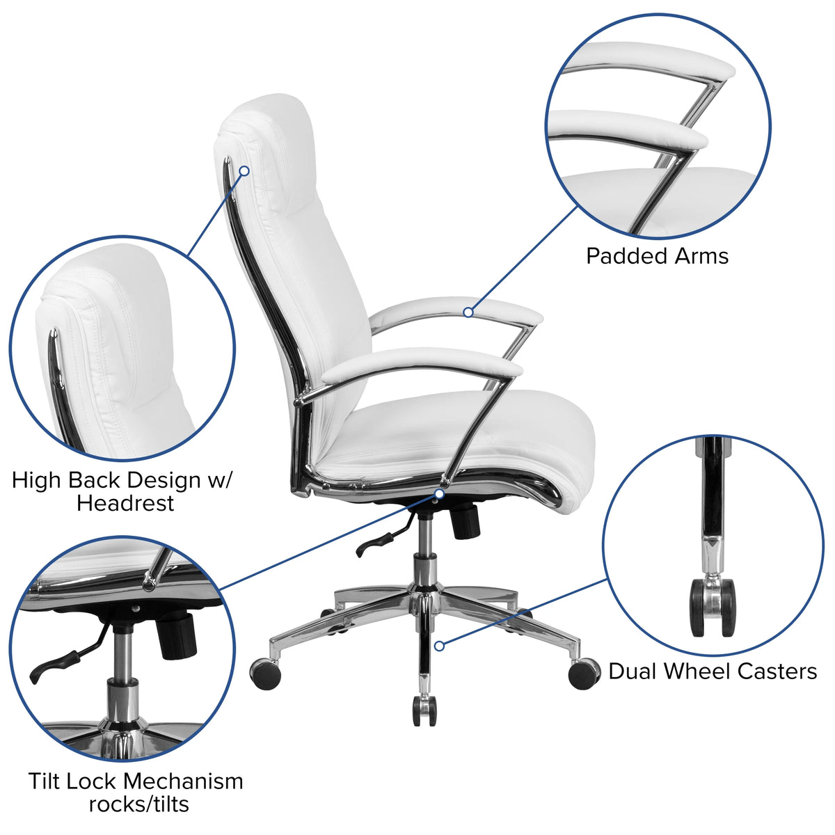 Emma + Oliver High Back Designer White LeatherSoft Smooth Swivel Office Chair with Arms