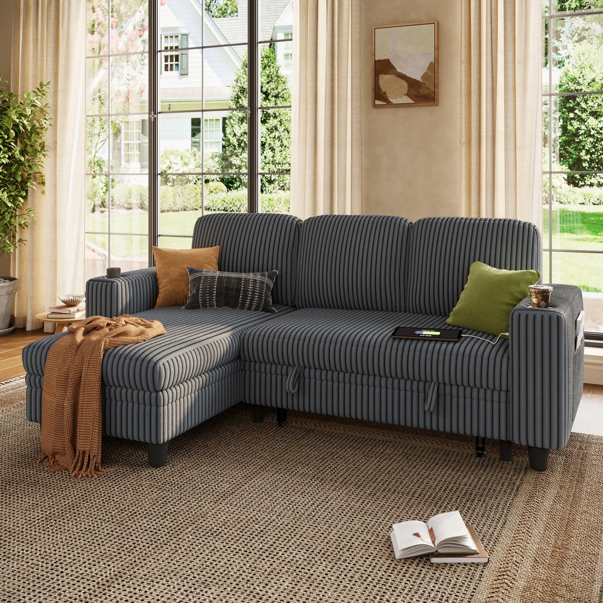 Linsy Home Plush Corduroy Sleeper Sofa Bed with Reversible Storage Chaise, Pull Out Couch Bed with USB, Cup Holder, Side Pocket, L Shaped Sectional Couches for Living Room, Apartment, Dark Grey