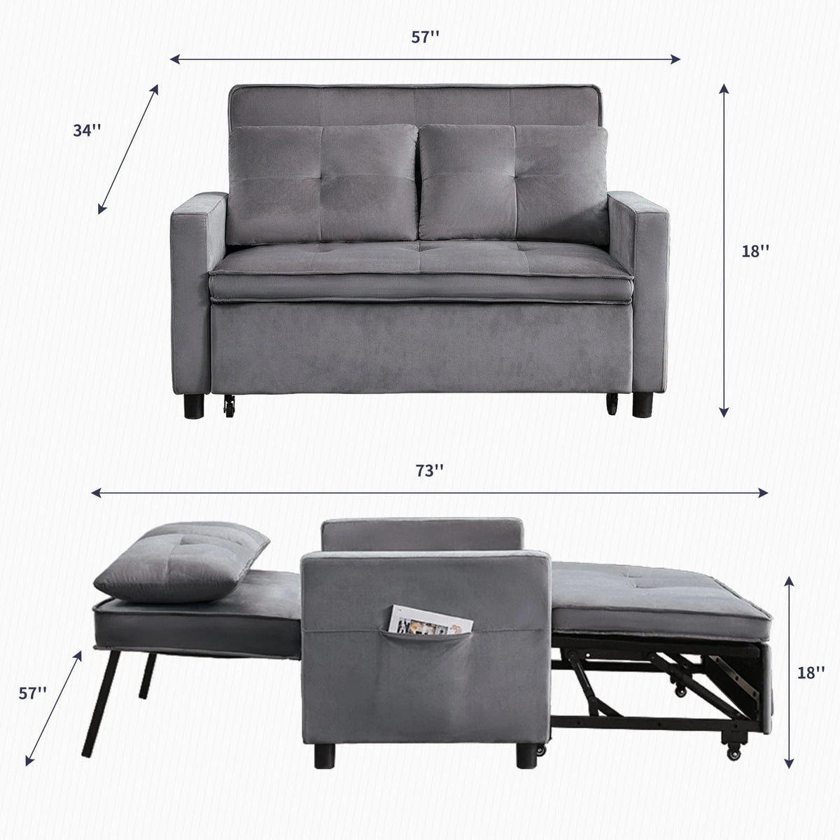 ZAFLY Pull Out Sofa Bed, Convertible Loveseat with Side Pockets, 2 Seater Small Sleeper Sofa, Pull Out Couch for Living Room/Bedroom, Dark Gray