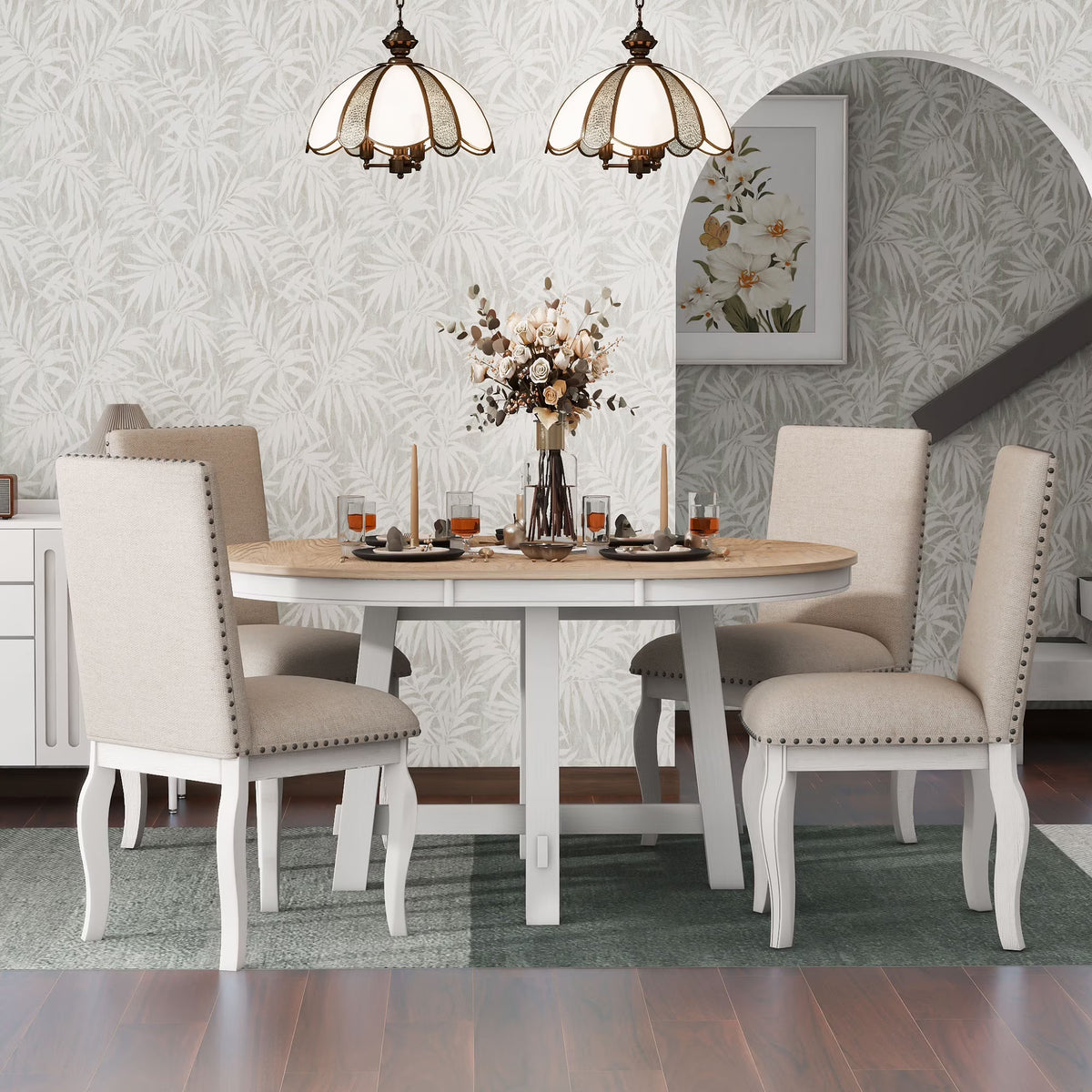Bellemave 5-Piece Round Dining Table Set, Wood Farmhouse Extendable Dining Table and 4 Upholstered Dining Chairs, Kitchen Dining Table Set for 4 ��Antique White��