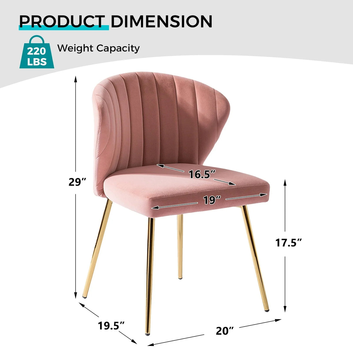 14 Karat Home Modern Wingback Accent Chair Dining Chairs with Gold Metal Legs Pink