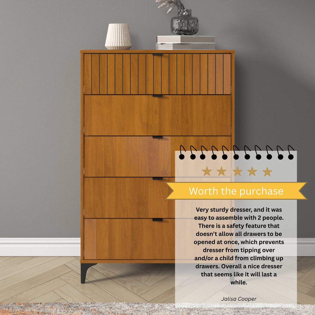 Galano Zaffy 5 Drawer Dressers for bedroom , Dusty Grey Oak
