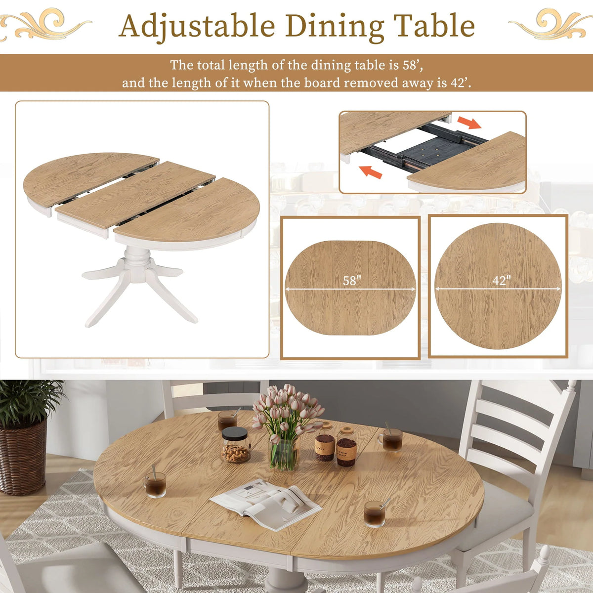 5 Piece Round Dining Table Set, Dining Room Set with Extendable Table and 4 Upholstered Chairs, Wood Dining Table Set for 4, Farmhouse Dining Table Set for Kitchen Dining Room Dorm Apartment, Brown