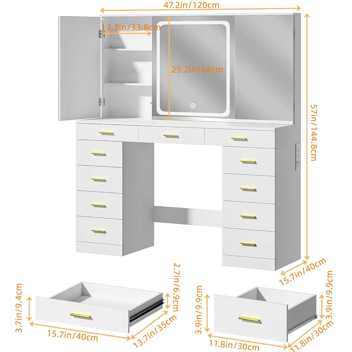 Tomnk woo White Makeup Vanity Desk with Large Mirror, Adjustable Lights, Storage Drawers & Power Outlets