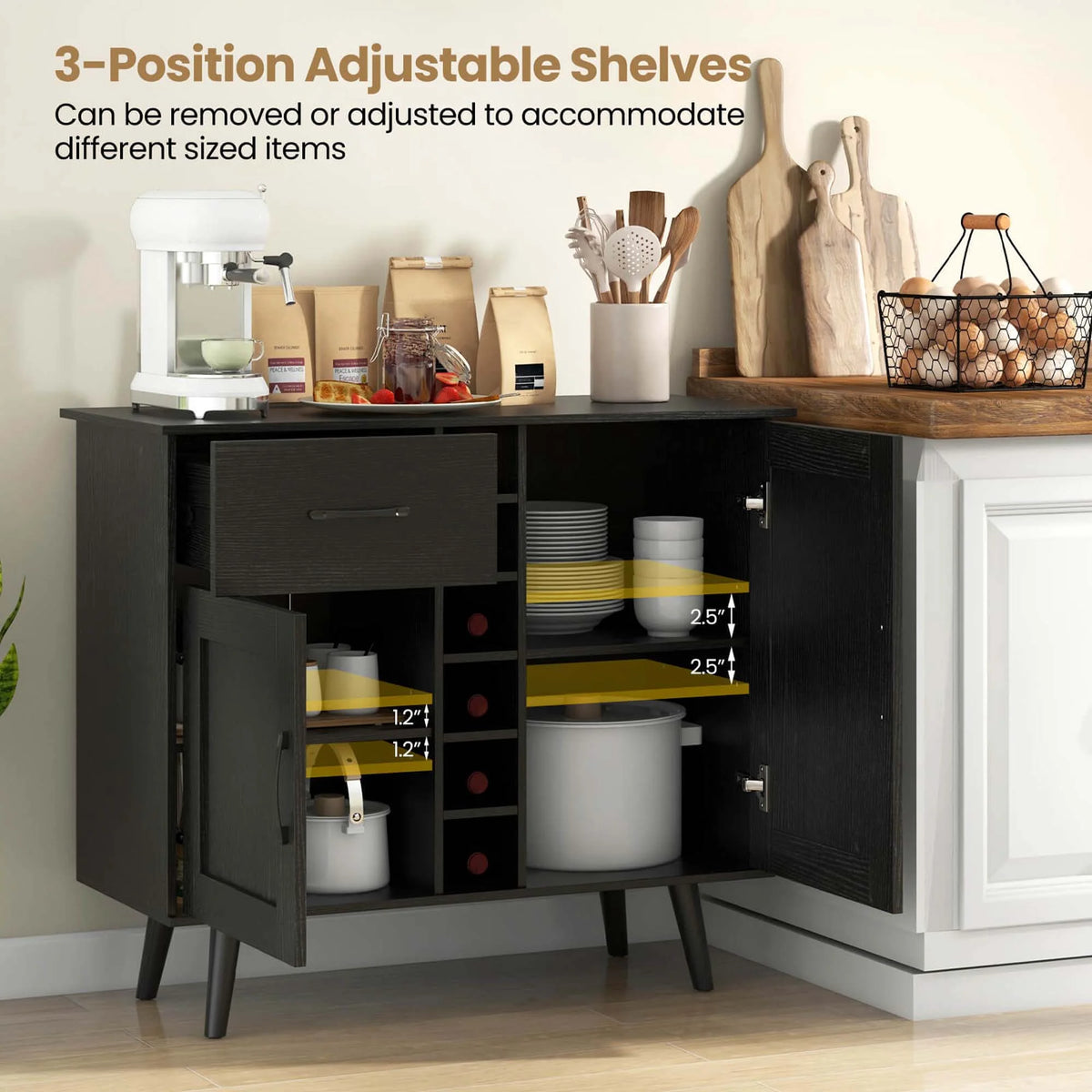Costway 2-Door Wine Bar Cabinet Kitchen Sideboard Buffet with Drawer & Adjustable Shelves Natural