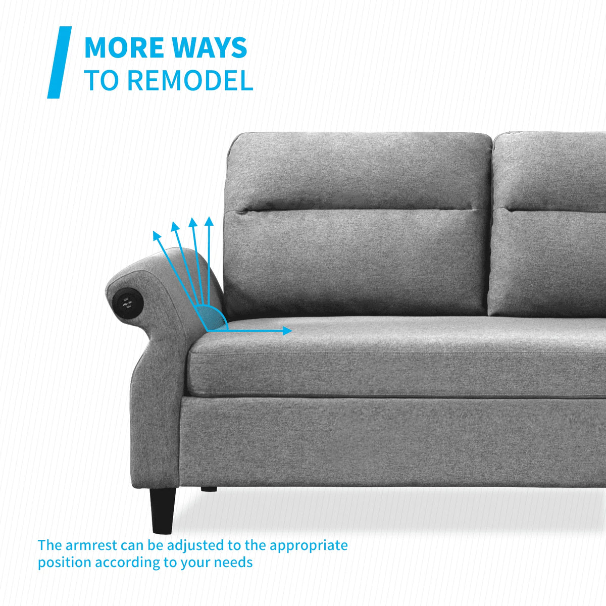 Mjkone Modern 88" W Convertible Sectional Sofa Couch with 2 USB Ports and Adjustable Armres,3 Seat L-Shape Sofa Couch with,Ottoman for Living Room,Apartment , Linen Fabric,Light Grey