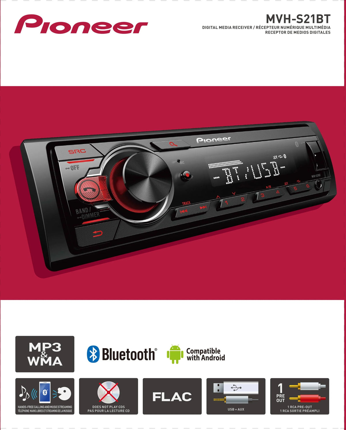 Pioneer MVH-S21BT Digital Media Receiver, Single DIN, In-Dash
