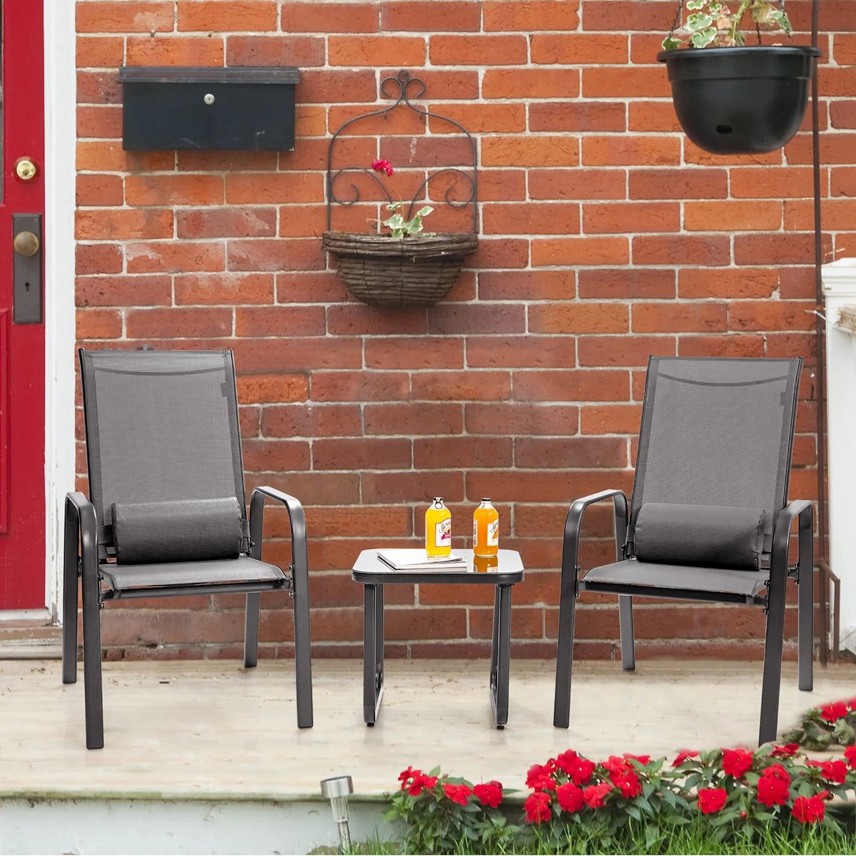 Costway 3PCS Patio Bistro Furniture Set Adjustable Back Stackable Chairs Black