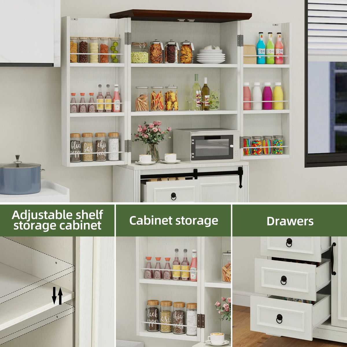Uforic Pantry Storage Cabinet with Doors & Drawers, Kitchen Cabinet with Shelves, White