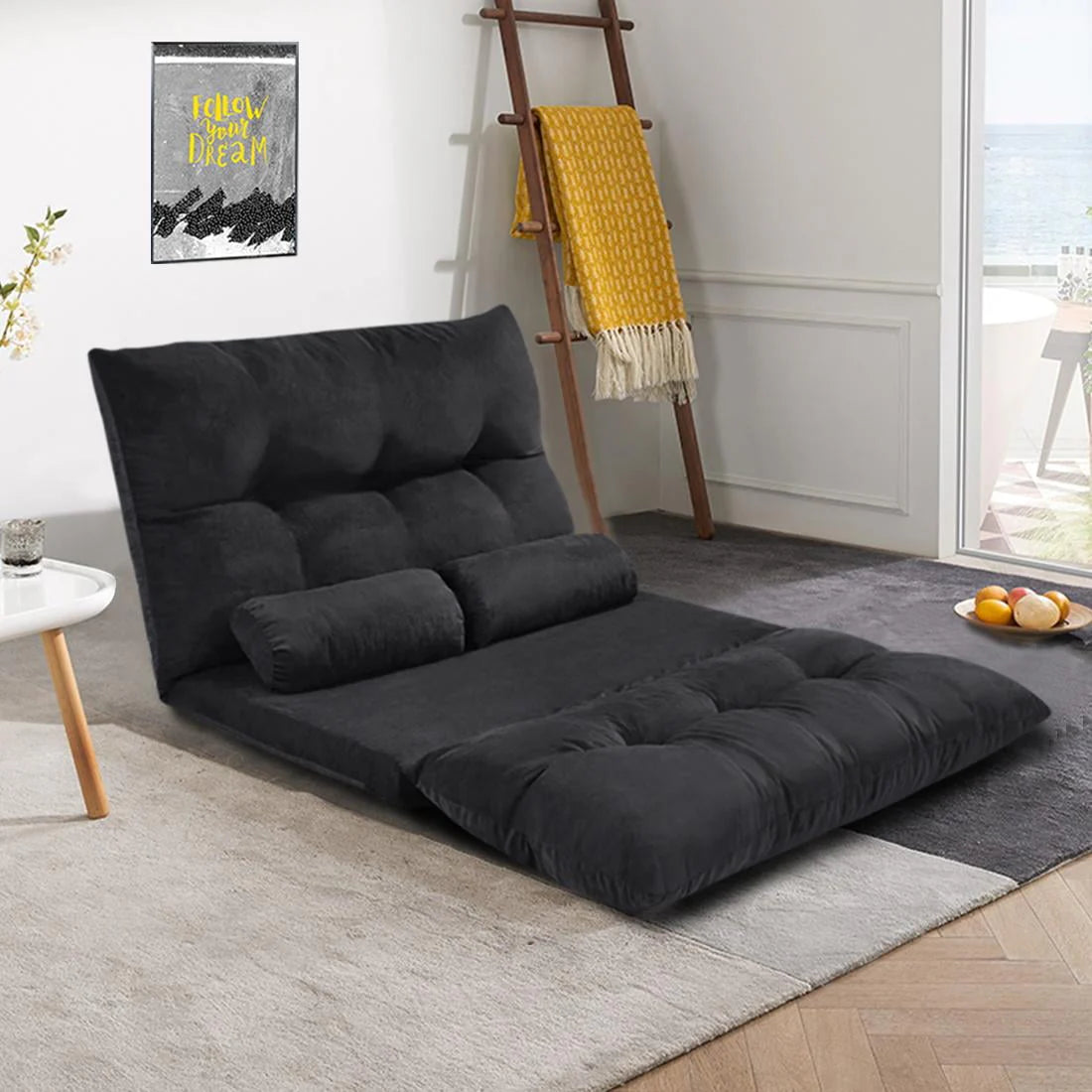 Folding Floor Sofa Bed with 5-Position Adjustable Recliner Lazy Sofa Video Gaming Sofa,Lounge Sofa with Two Pillows, Black