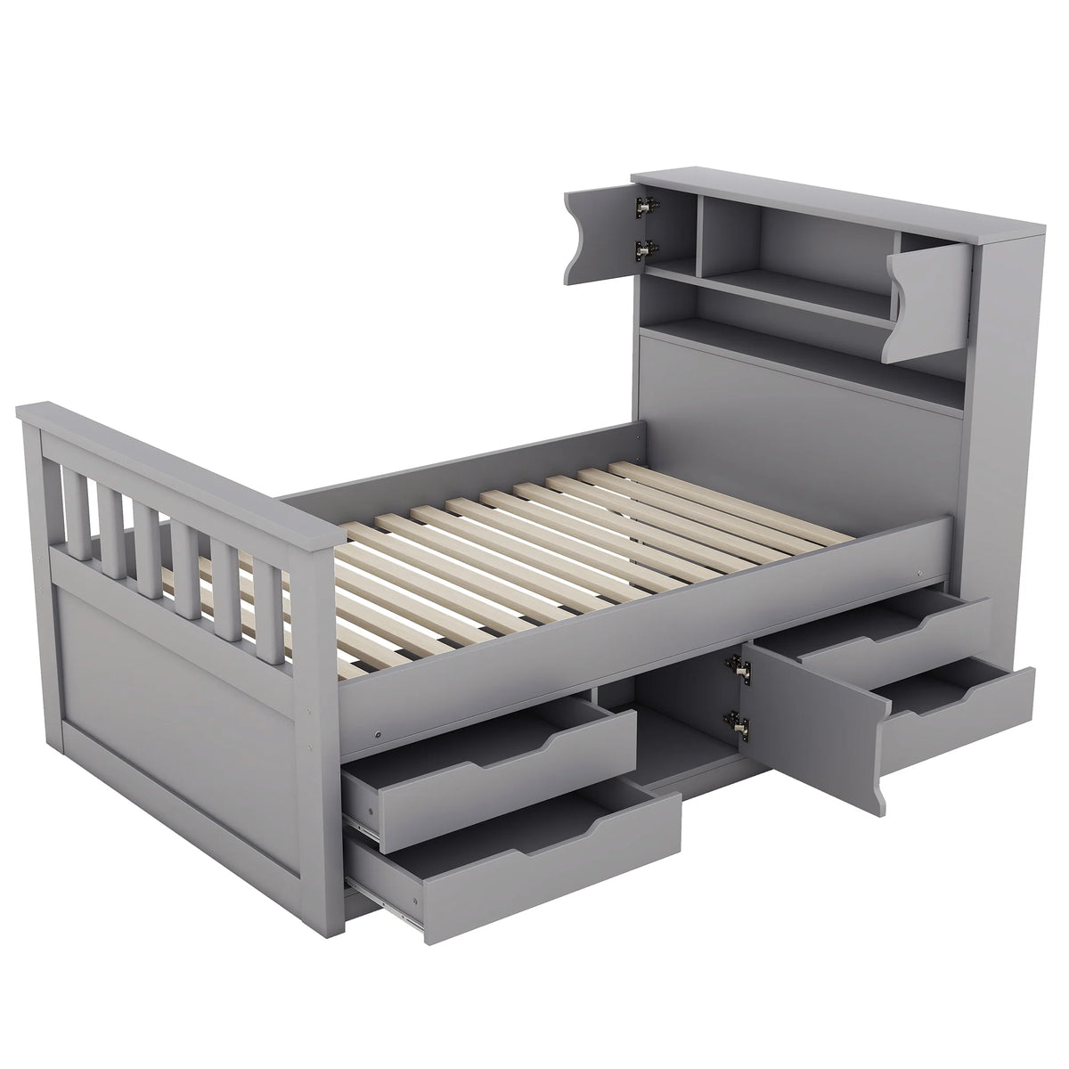 Euroco Wood Twin Size Platform Bed with Storage Headboard, Captain Bed with 4 Drawers, Bookcase and Cabinets, Gray