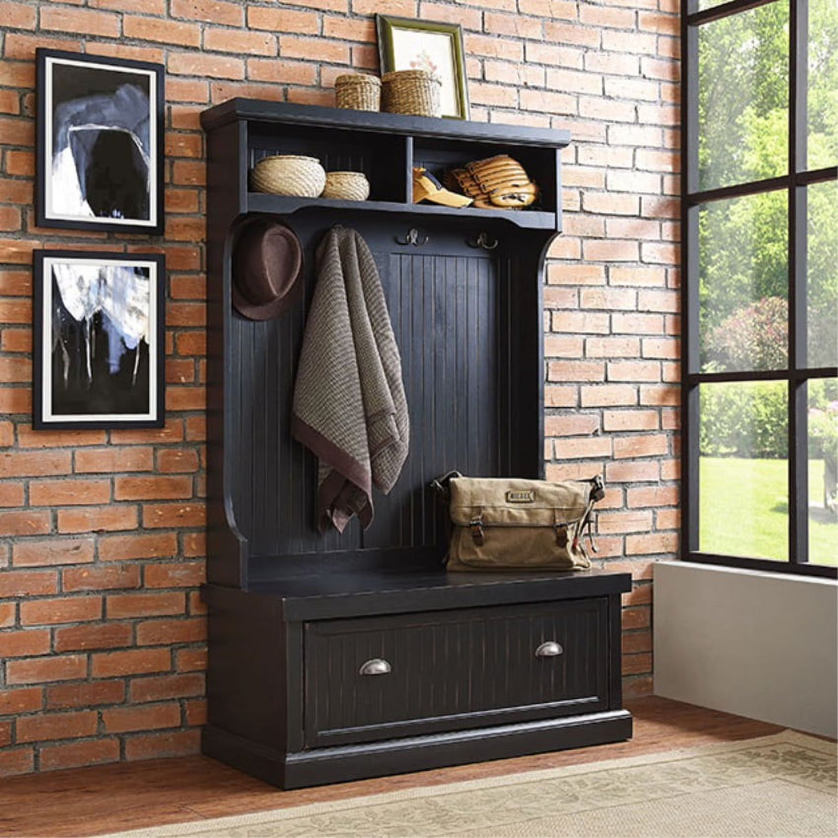 Crosley Furniture Seaside Wood Hall Tree in Distressed  Black