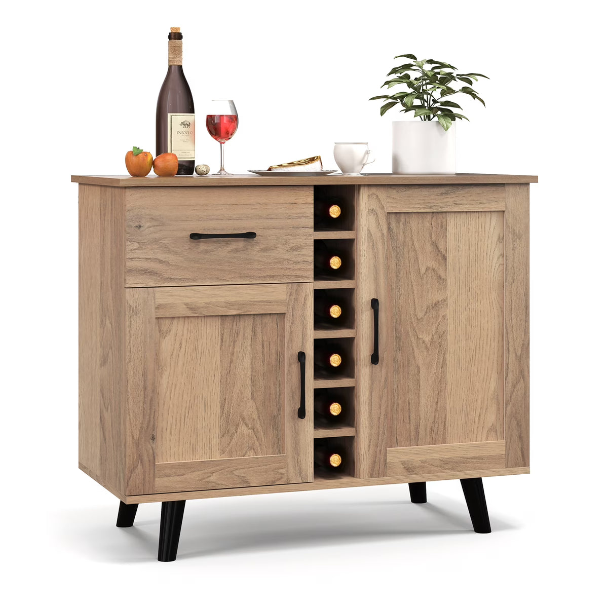Costway 2-Door Wine Bar Cabinet Kitchen Sideboard Buffet with Drawer & Adjustable Shelves Natural