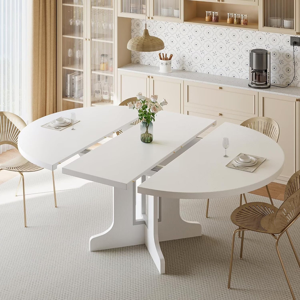 iPormis 59" Extendable Round Dining Table for 6, Modern Kitchen Table with Sturdy Wooden Base, Dining Room Table with Thickened MDF Board, Perfect for Small Space, Black