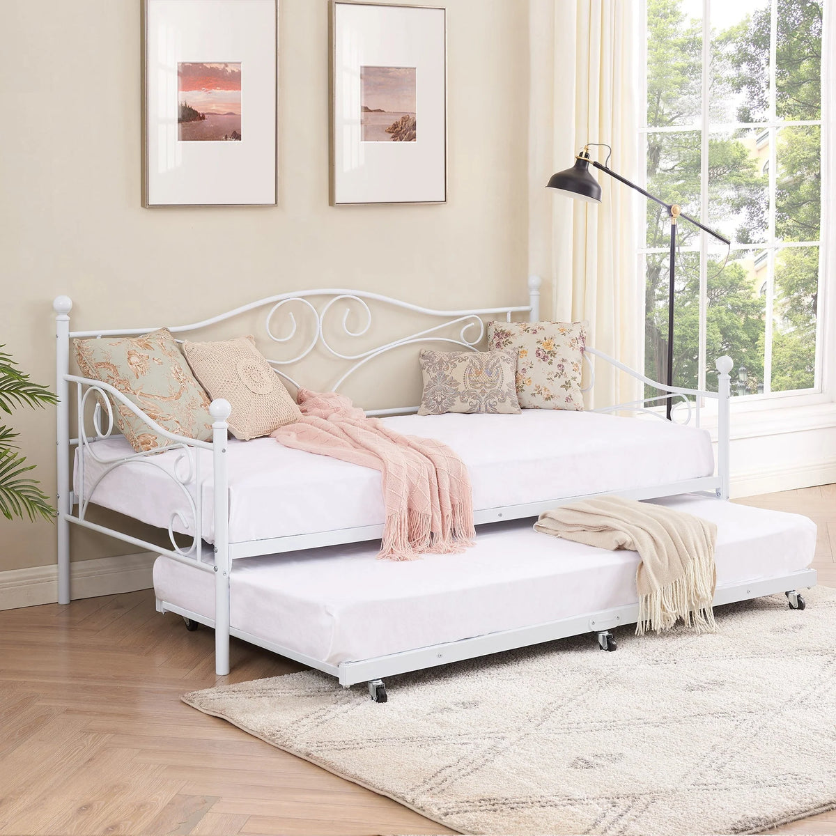 VECELO Twin Metal Daybed Frame with Trundle, Mattress Foundation Sofa Bed Platfrom with Headboard, No Box Spring Needed, White