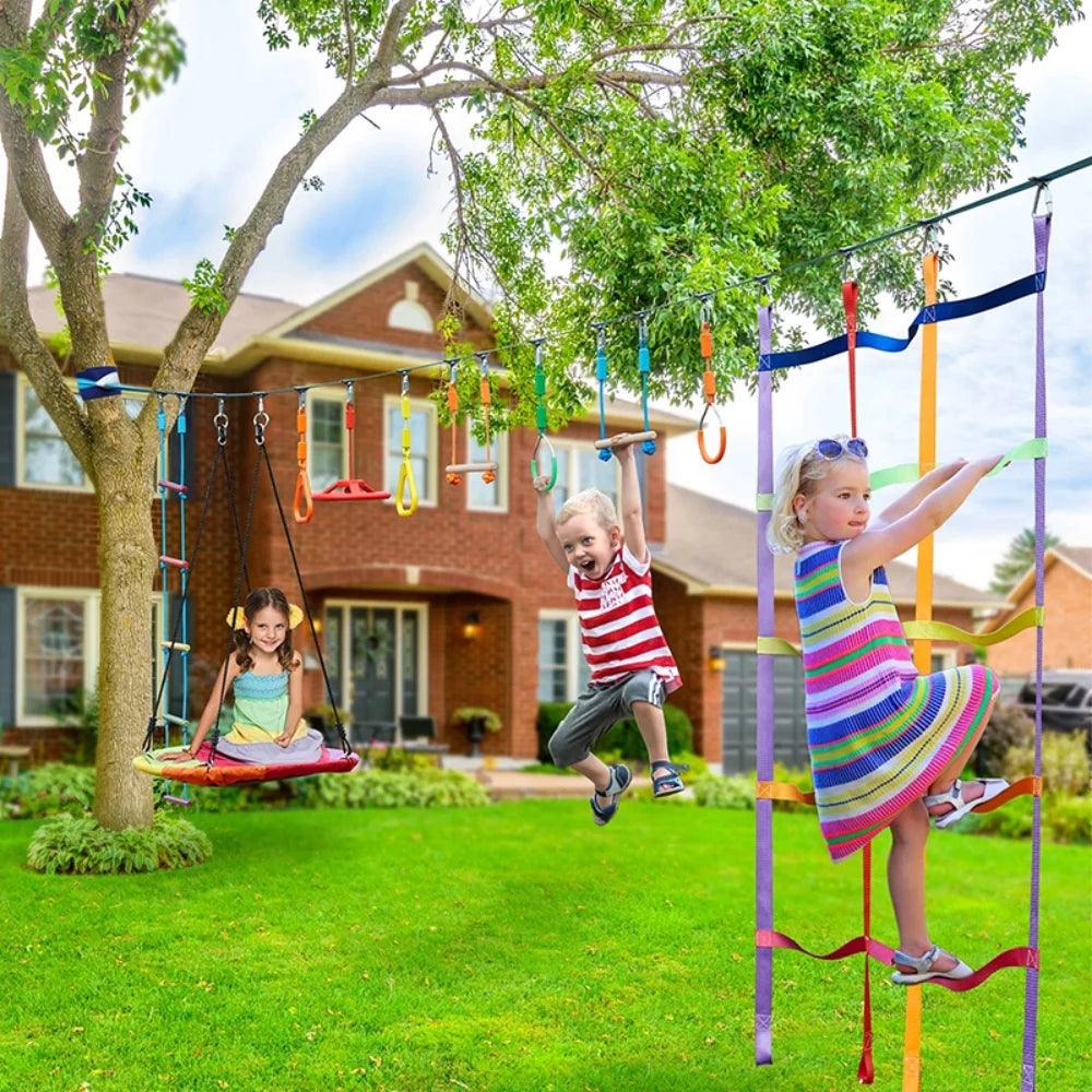 KloKick 50ft Ninja Warrior Obstacle Course with Slackline Monkey Bars and Saucer Swing