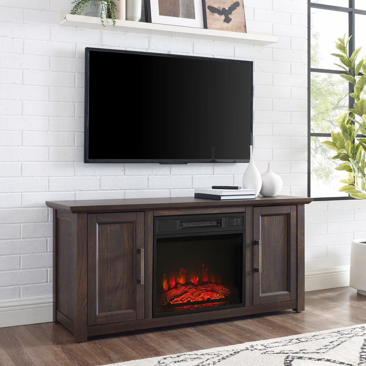 Crosley Furniture Camden 48" Low Profile Tv Stand W/Fireplace Dark Walnut