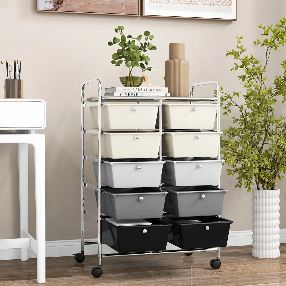 Gymax 10-Drawer Rolling Storage Cart Tools Scrapbook Paper Organizer on Wheels Black Gradient