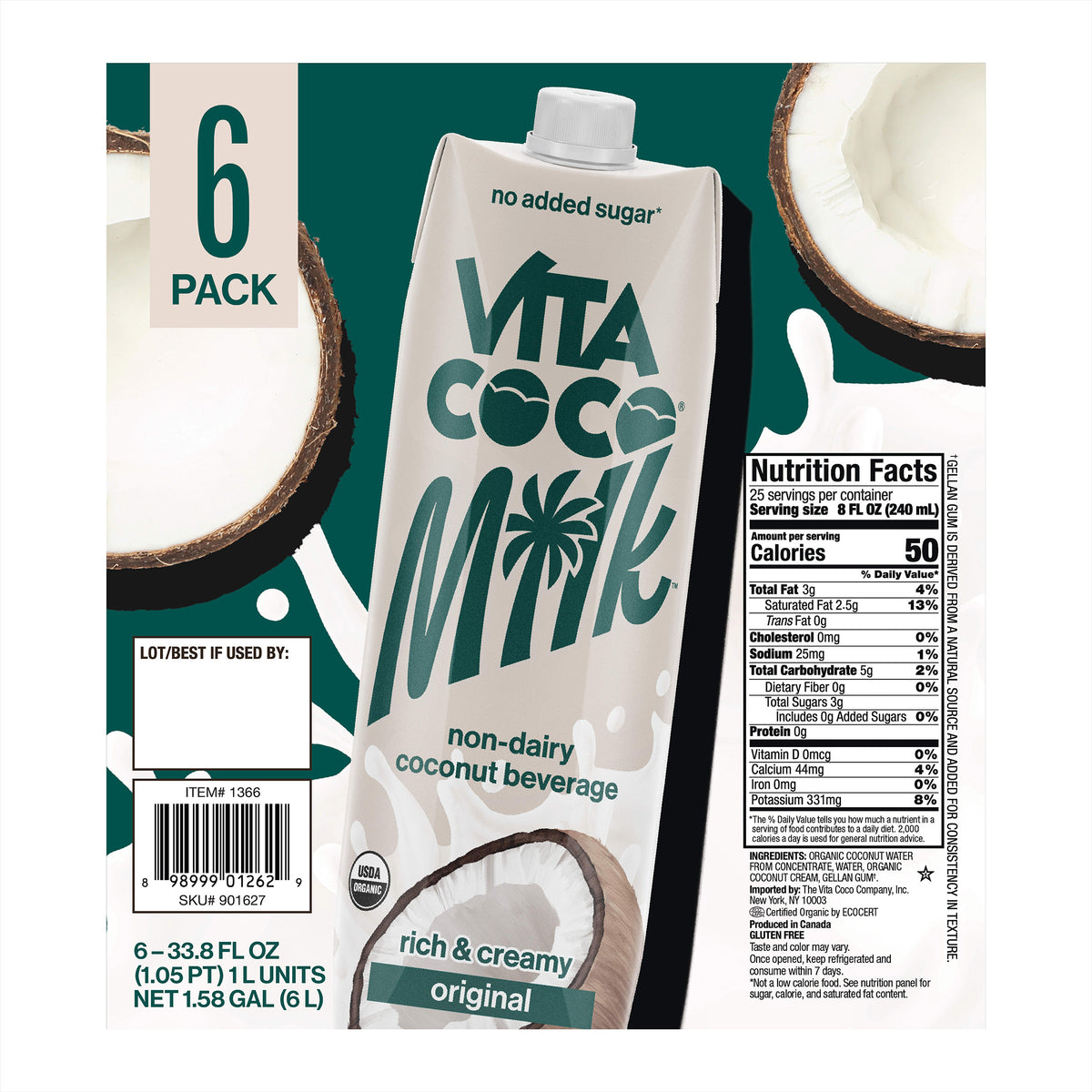 Vita Coco Organic Coconut Non-Dairy Beverage, 33.8 fl. oz, 6-count