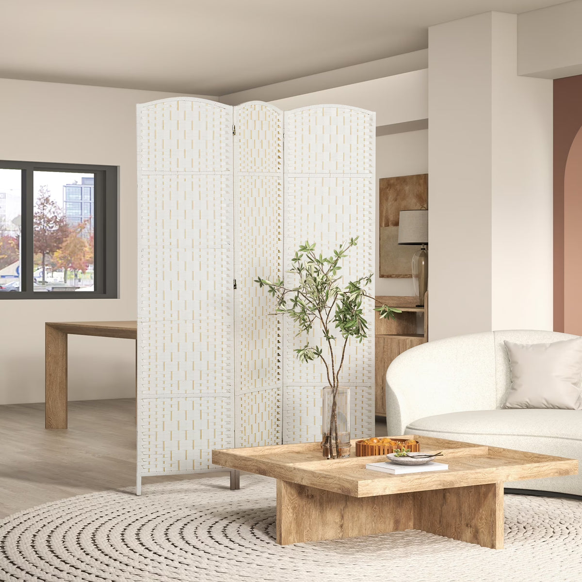 HOMCOM Room Divider, 3 Panel Folding Privacy Screen, 6FT Tall Portable Wicker Weave Partition Wall Divider for Bedroom, Home Office, White