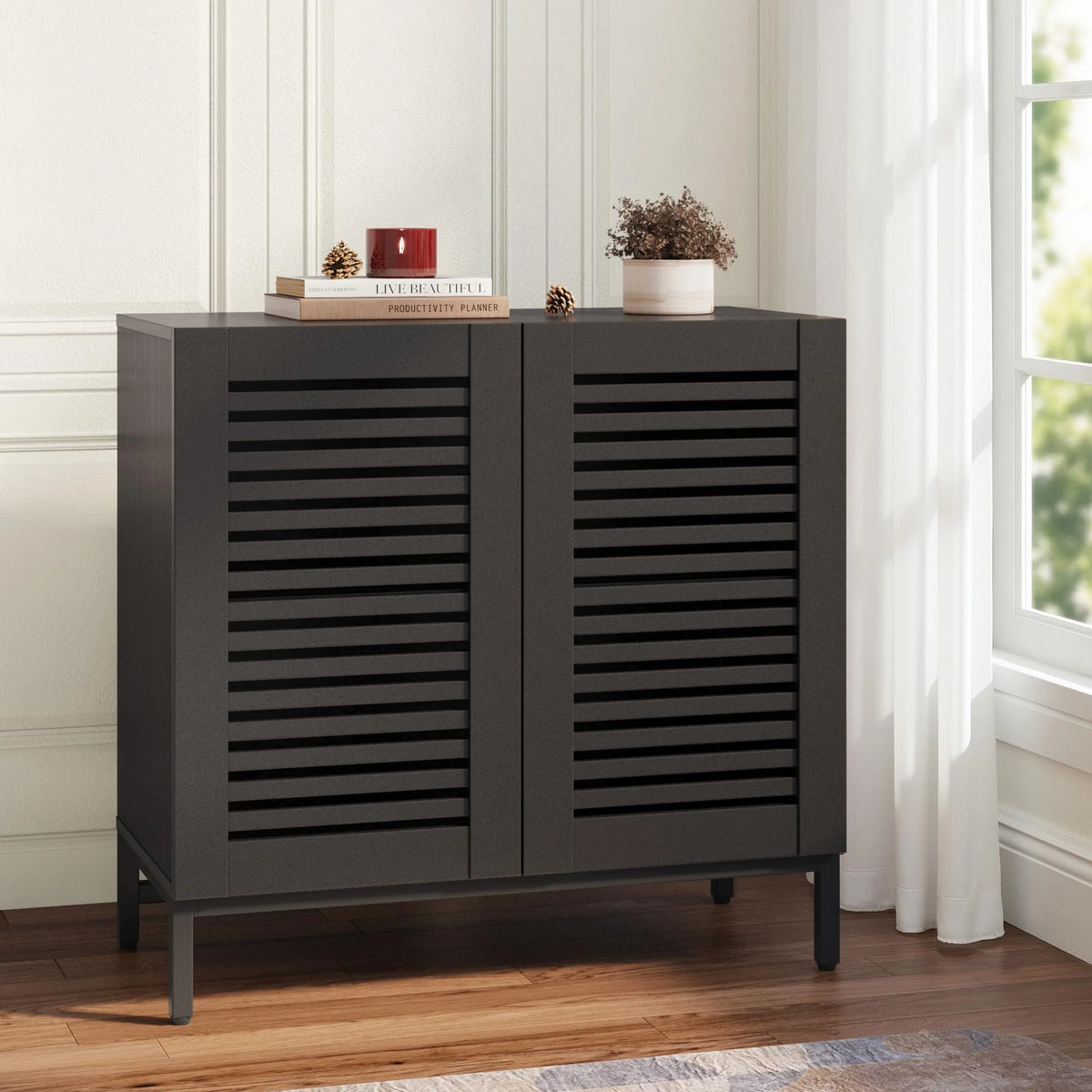 JOMEED Buffet Sideboard Cabinet with Louvered Doors & Adjustable Shelf, Wood Storage Cabinet for Kitchen, Dining Room, Living Room, Entryway Walnut