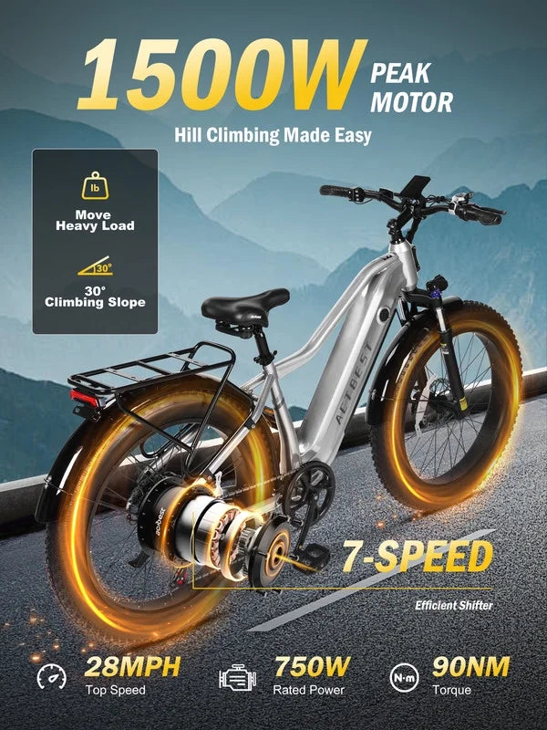 Actbest Electric Bike for Adults with Peak over 750W Brushless Motor, Over 20MPH Electric Mountain Bike, Removable Built-in Battery,26"×4 Fat Tires Ebikes for Adults,UL2849 (Gray)