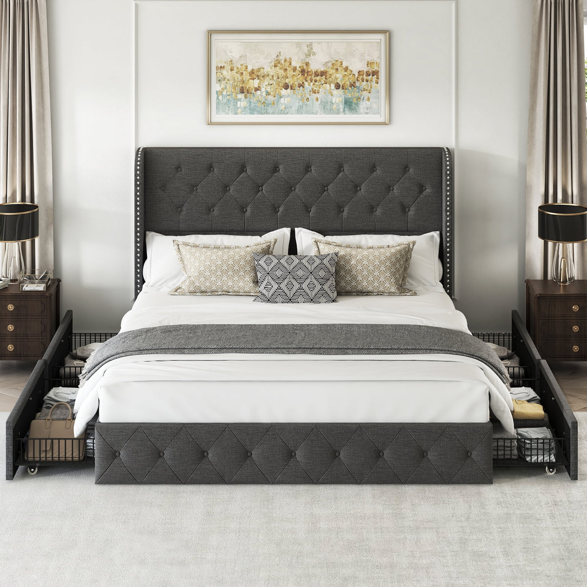 LARMACE Queen Size Platform Bed Frame with 4 Storage Drawers and Tufted Headboard Linen Upholstered Bed Wingback Bed Frame with Wooden Slats Support, Easy Assembly, Light Grey