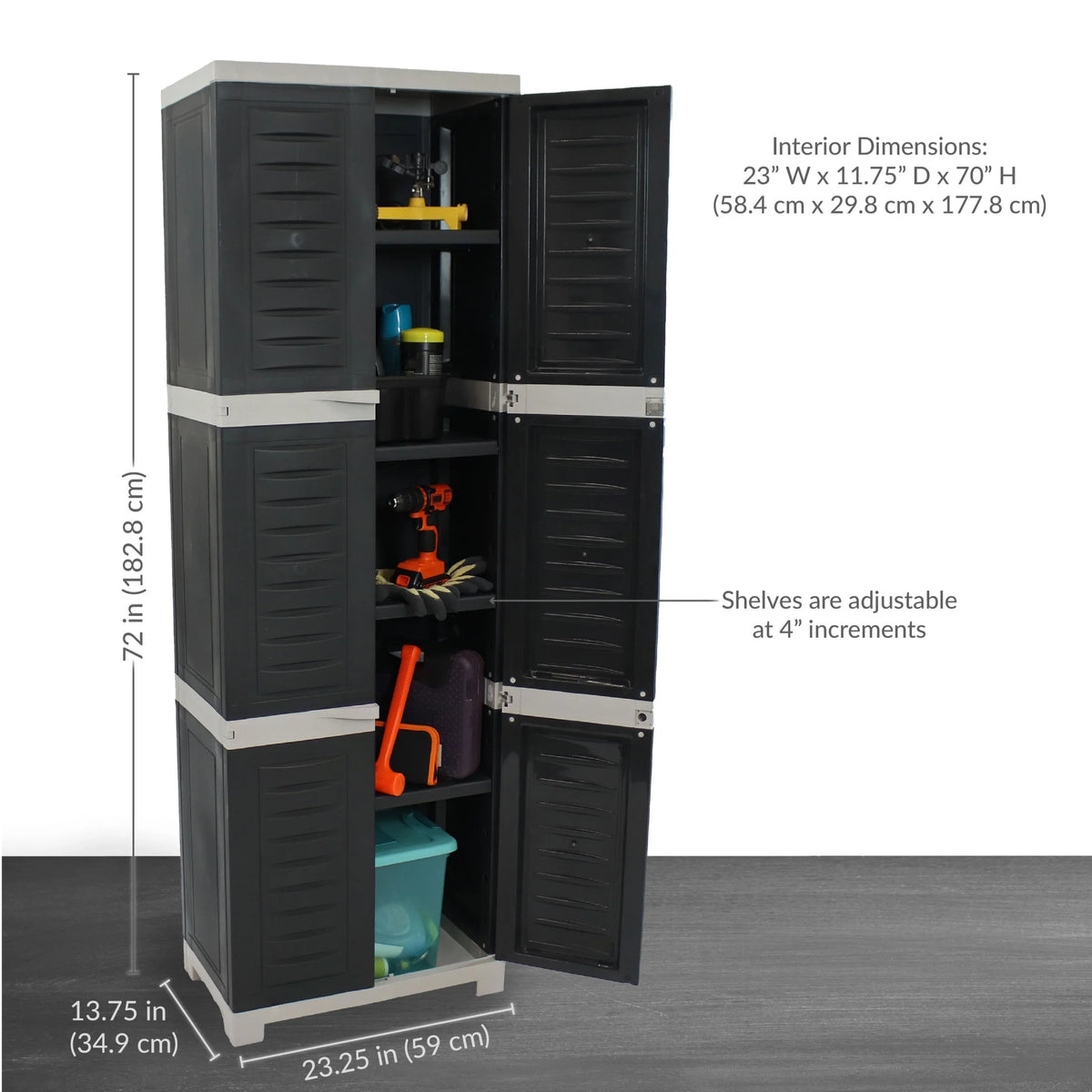 Sunnydaze Lockable Adjustable 72" Plastic 4-Shelf Freestanding Garage Storage Cabinet, Charcoal with Gray Trim