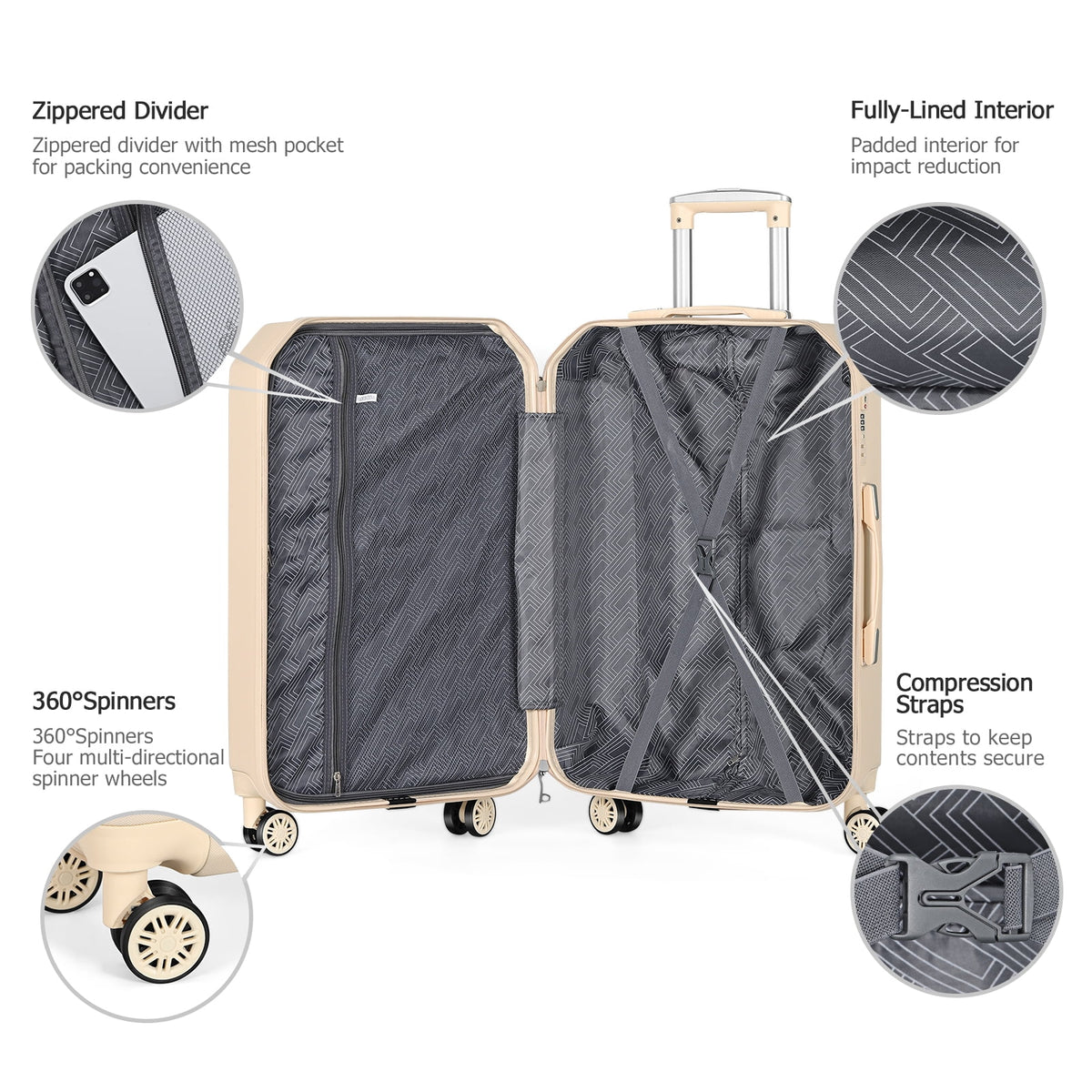Luggage 3-Pieces set ABS Durable Suitcase Beige 20"24"28"