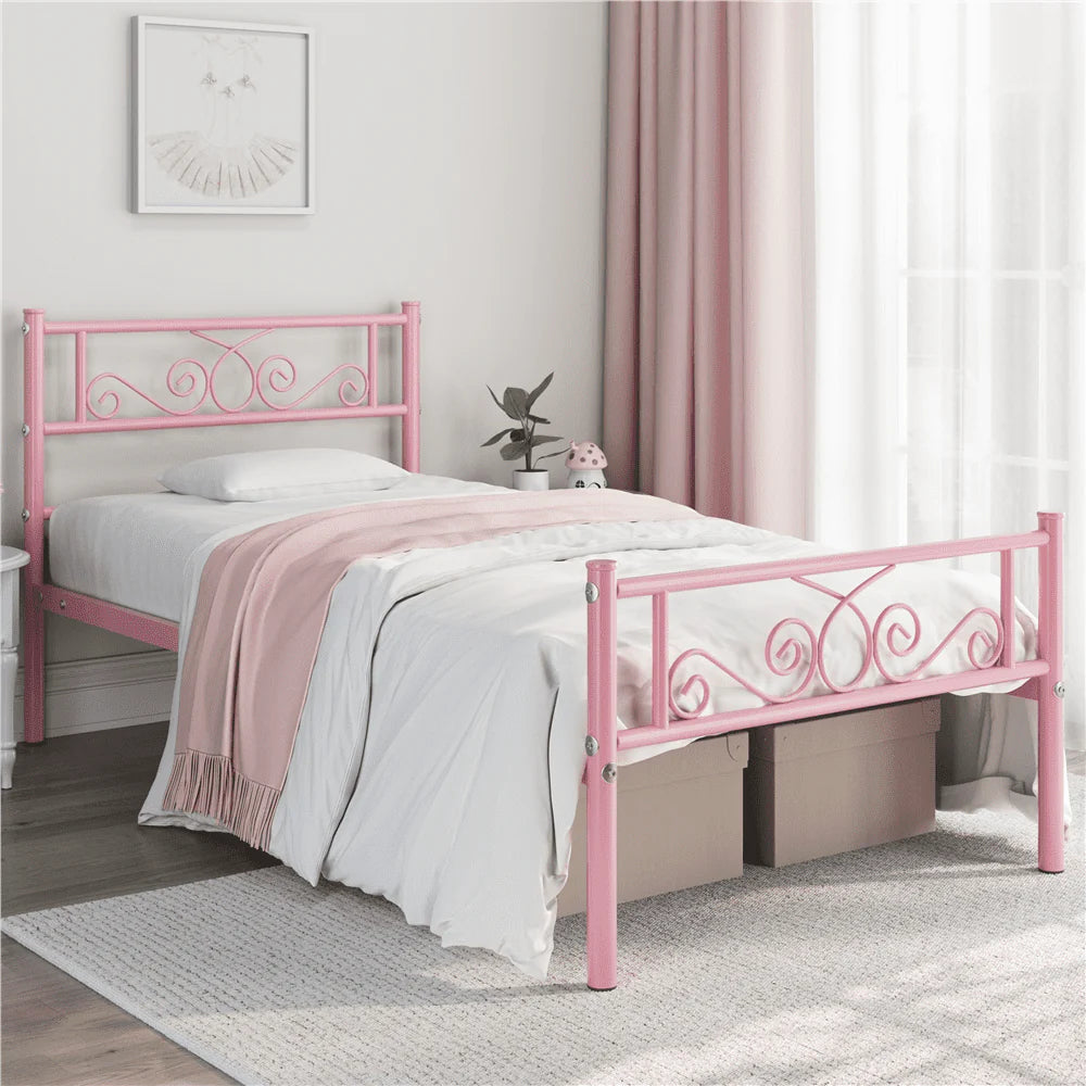 Easyfashion Jocelyn Modern Graceful Scroll Metal Platform Twin Bed,Pink