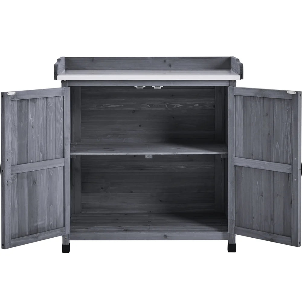 Renwick Garden Potting Bench Table with Cabinet, Brown