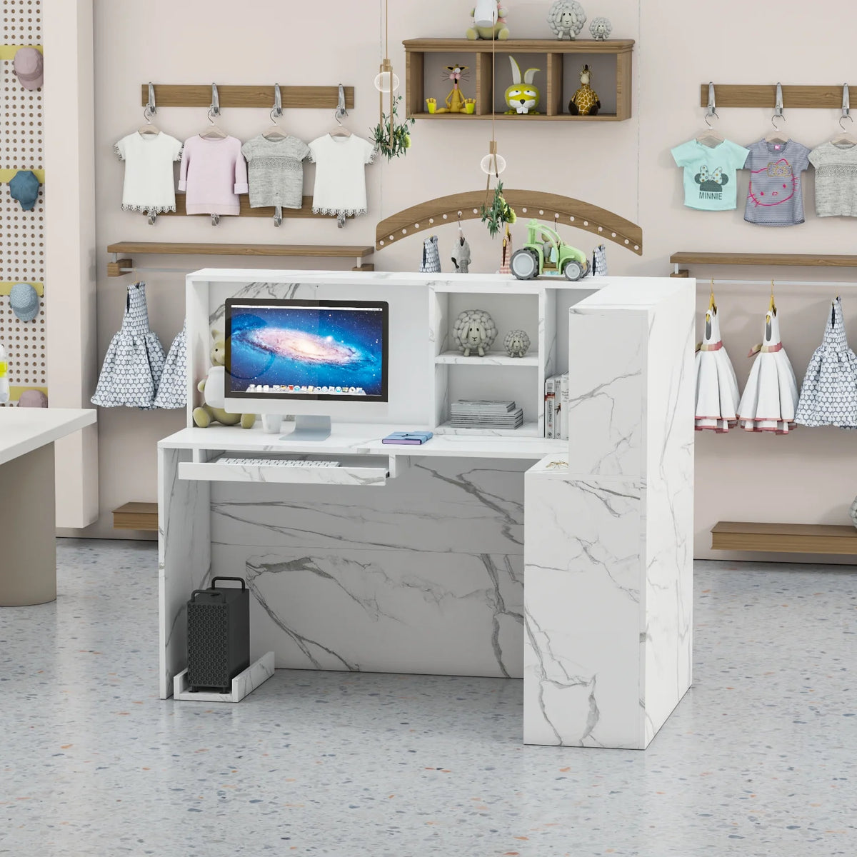 MONSLIPA L-Shape Wood Reception Desk with , Register Stand Reception Center Desk, White