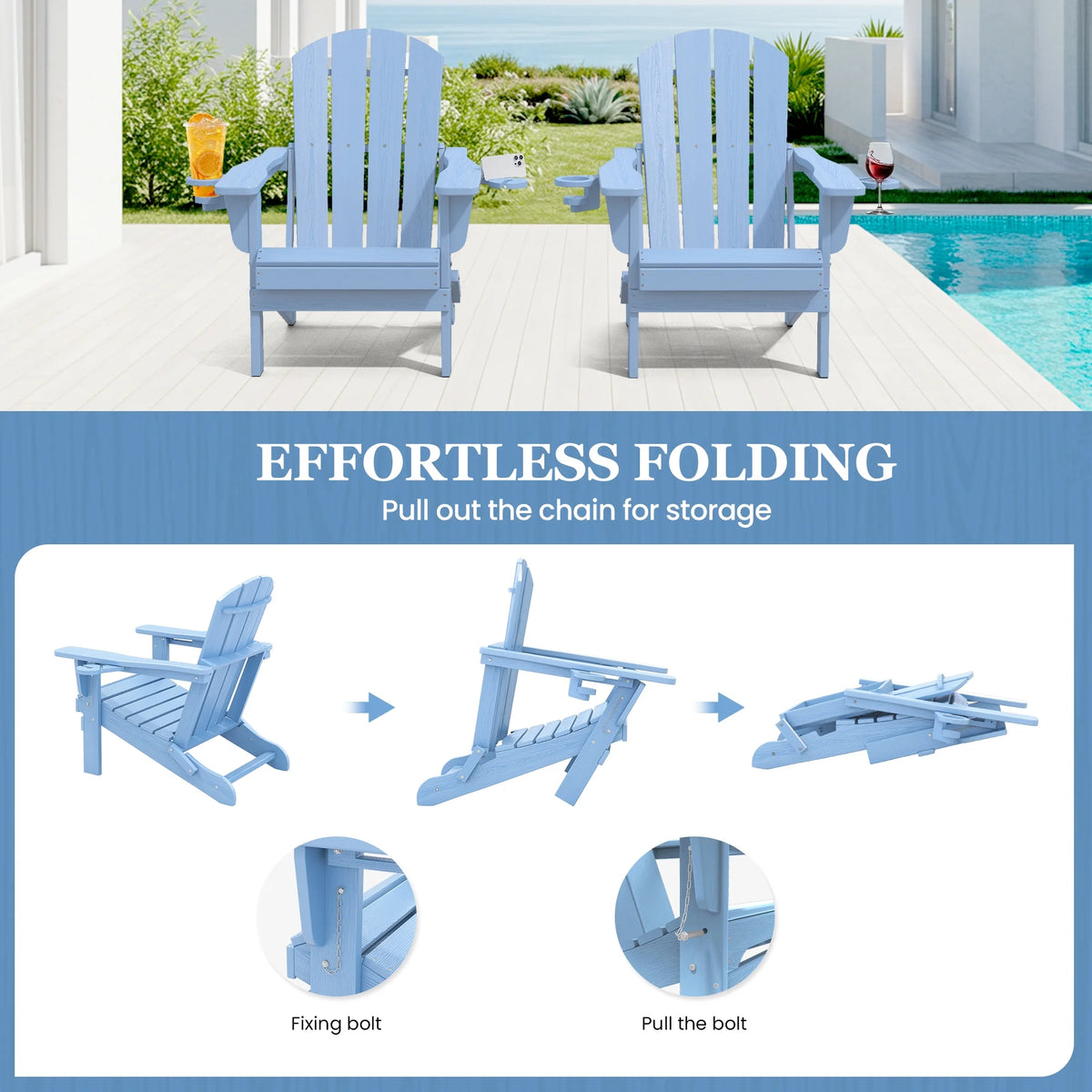 SERWALL Folding Adirondack Chair Set with Dual Cup Holders & Phone Holder, All-Weather HDPE Fire Pit Chairs for Outdoor, Patio, Poolside, Garden - Black