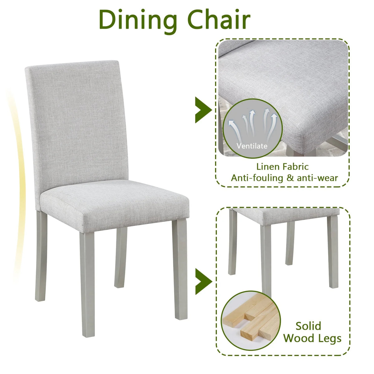 PORKISS Dining Table Set for 4, Solid Wood Dining Room Set with 1 Square Table 4 Upholstered Chairs, Dinner Table with Padded Chairs for Home Kitchen, Gray