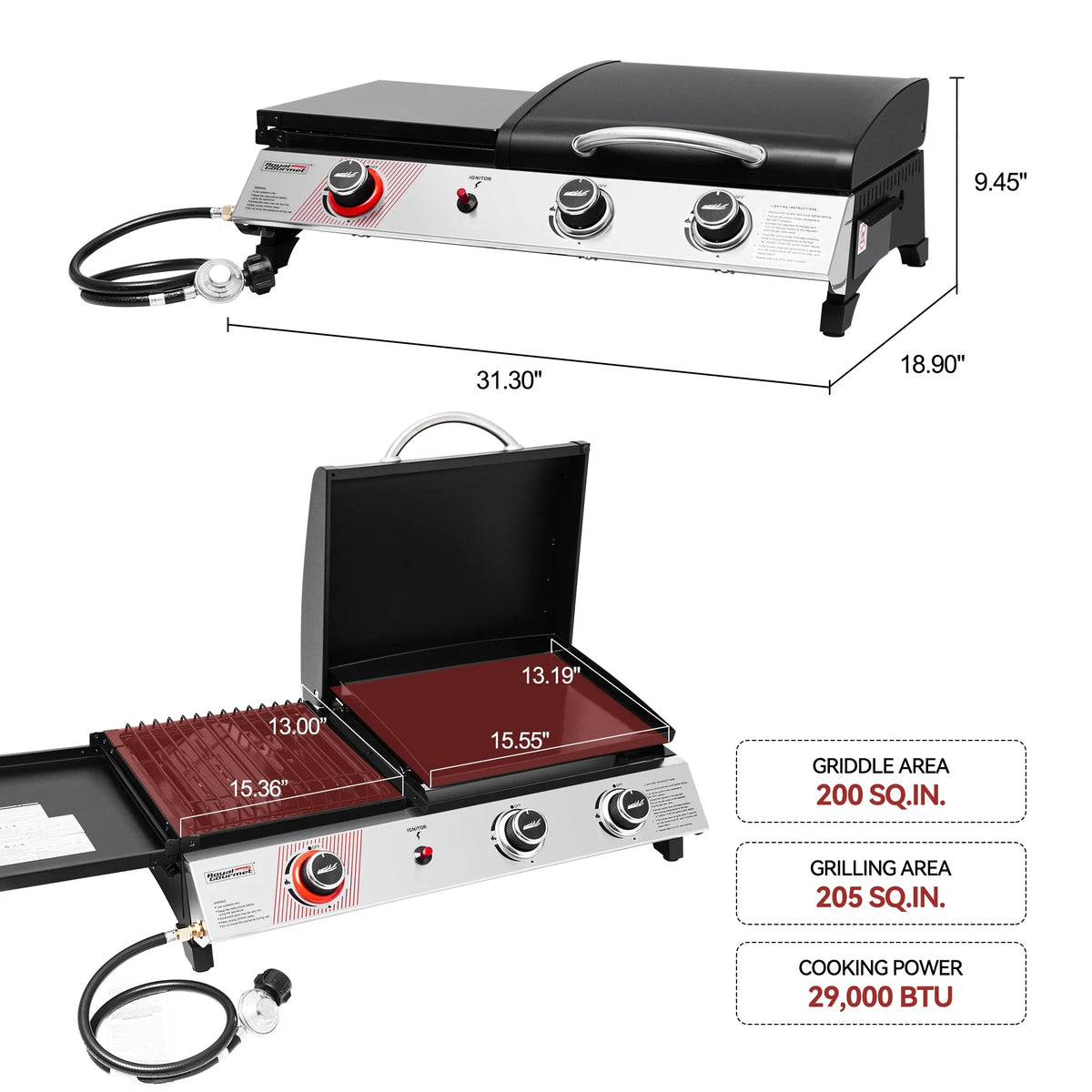 Royal Gourmet 3-Burner Portable Gas Griddle with Side Burner, PD1305H