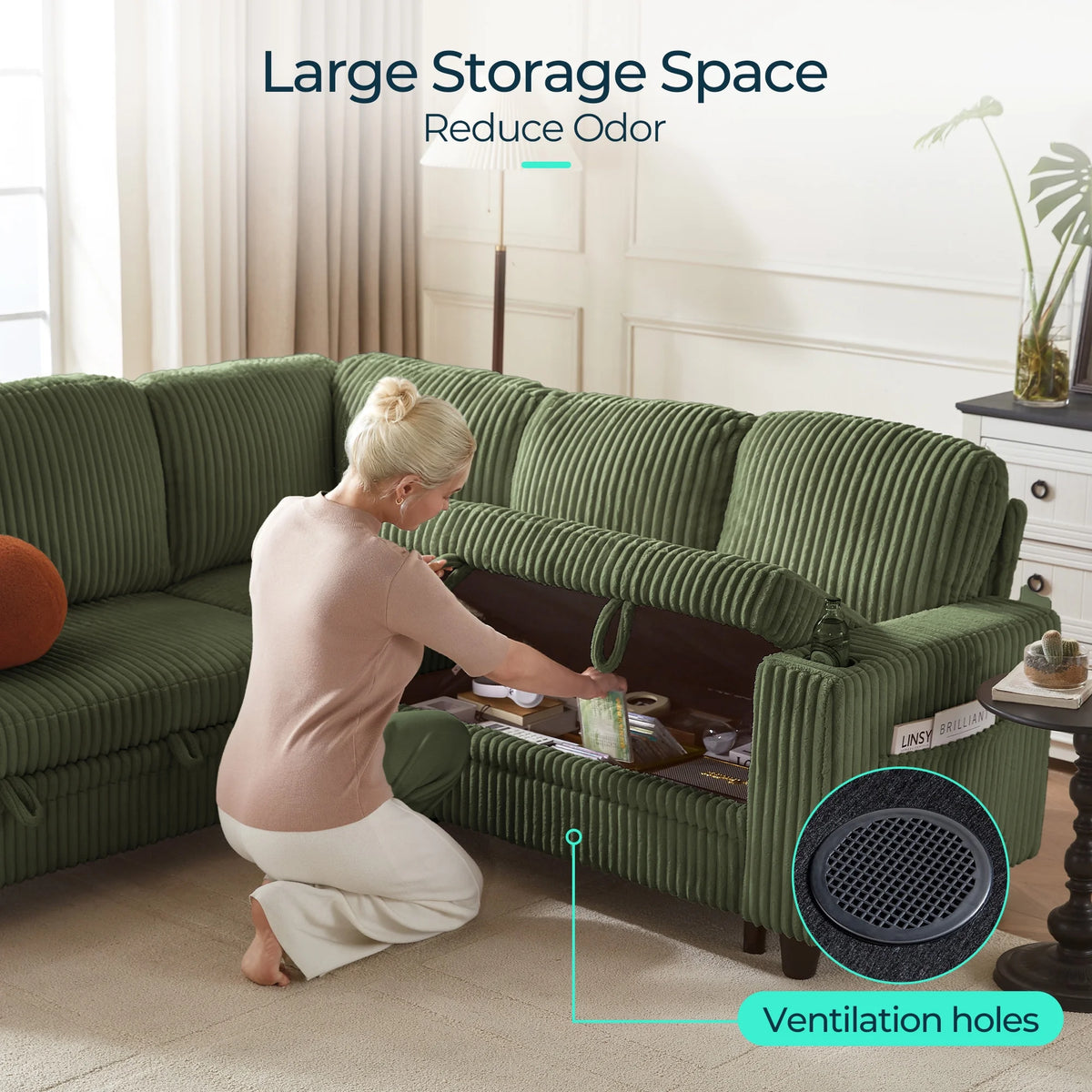Linsy Home Plush Corduroy Sleeper Sofa Bed with Reversible Storage Chaise, Pull Out Couch Bed with USB, Cup Holder, Side Pocket, L Shaped Sectional Couches for Living Room, Apartment, Dark Grey