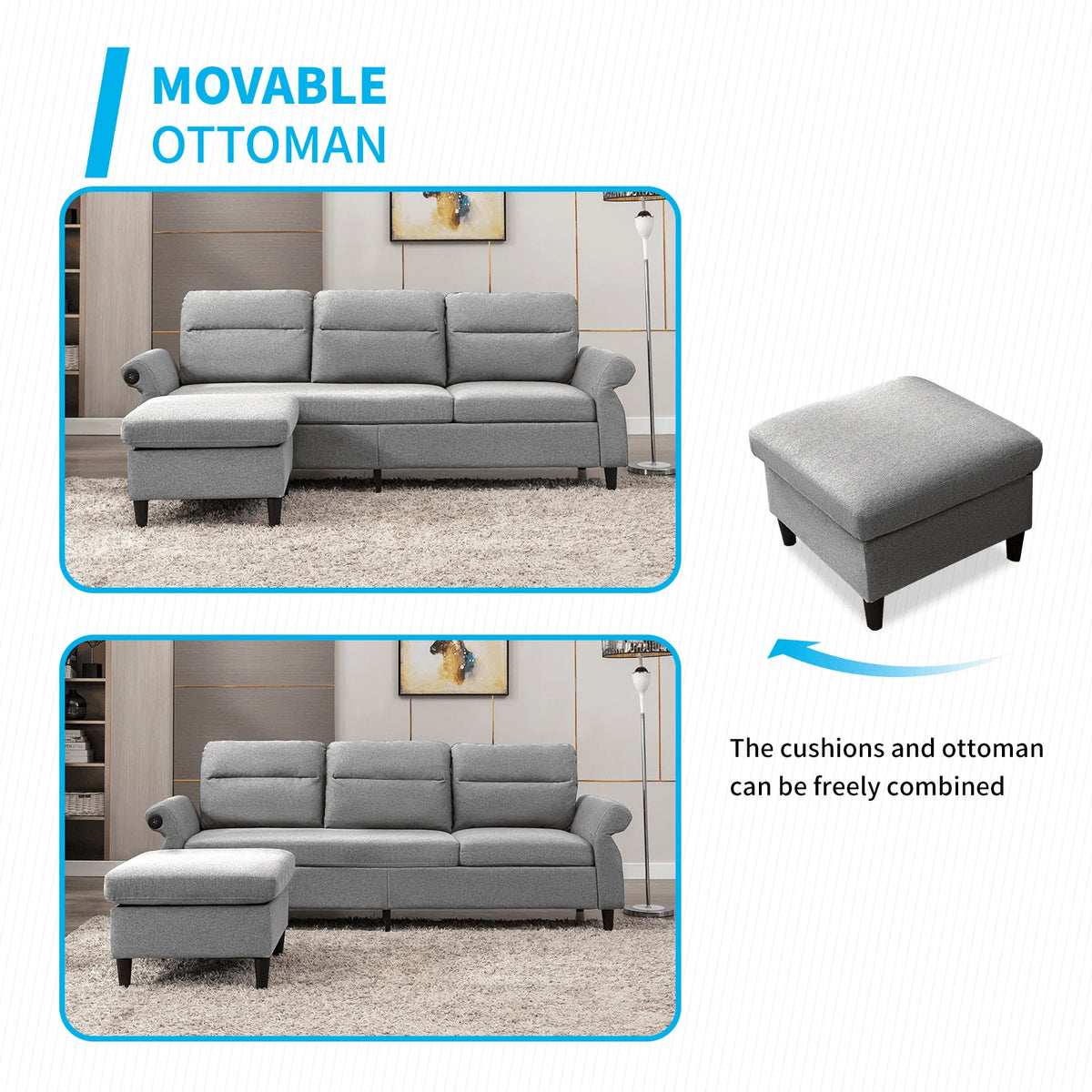Mjkone Modern 88" W Convertible Sectional Sofa Couch with 2 USB Ports and Adjustable Armres,3 Seat L-Shape Sofa Couch with,Ottoman for Living Room,Apartment , Linen Fabric,Light Grey