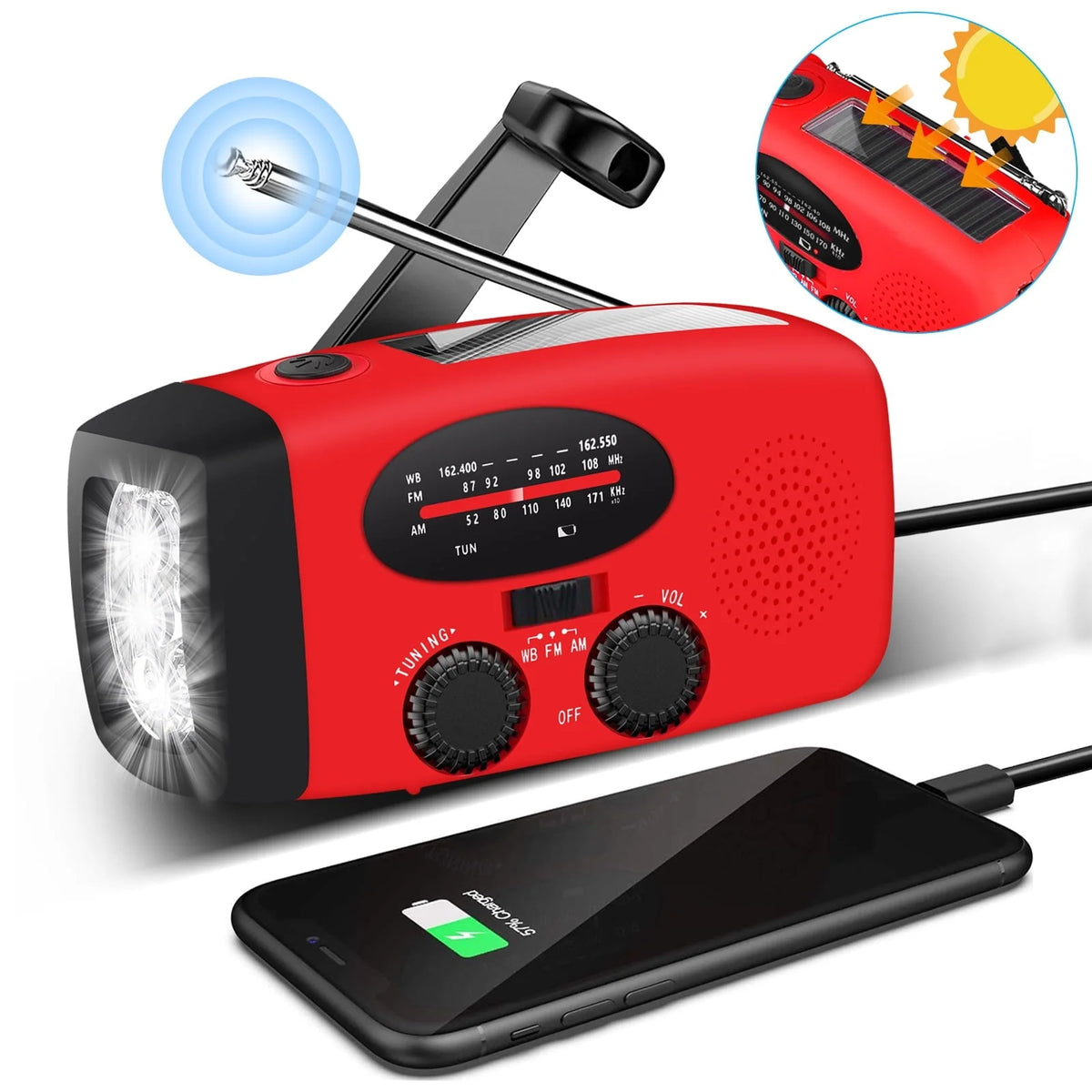 TSV Emergency Radio, Solar Hand Crank Self-Powered Weather Radio with 1200mAh Rechargeable Battery, Bright LED Flashlight, for Household Emergency, Outdoor Survival