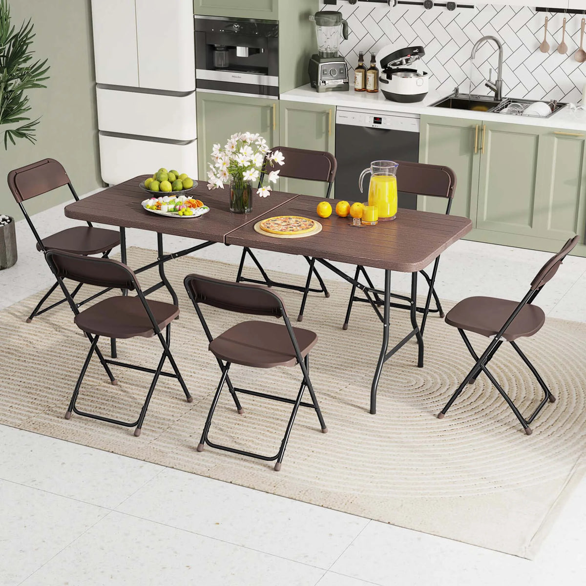 Costway 6 ft Portable Folding Table with Wood Grain HDPE Tabletop Safe Lock Mechanism Gray